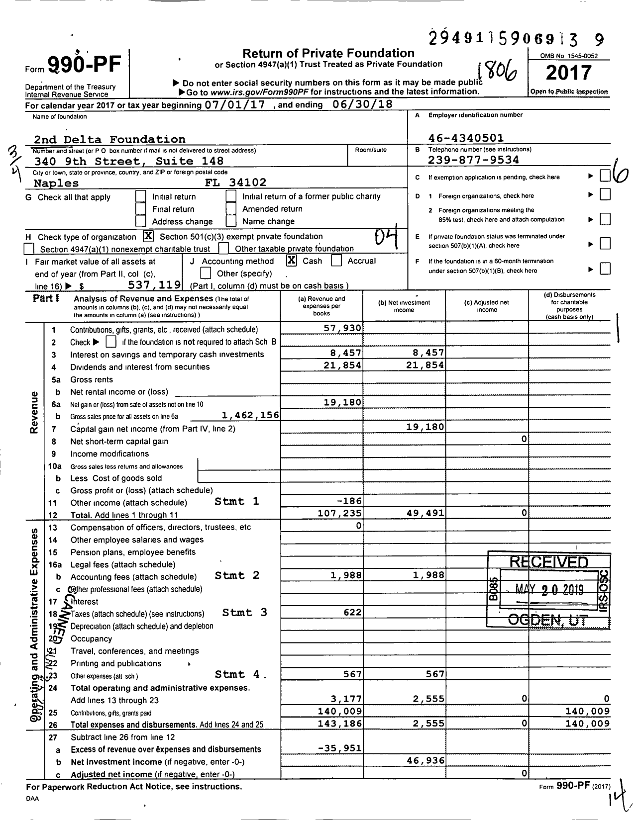 Image of first page of 2017 Form 990PF for 2nd Delta Foundation