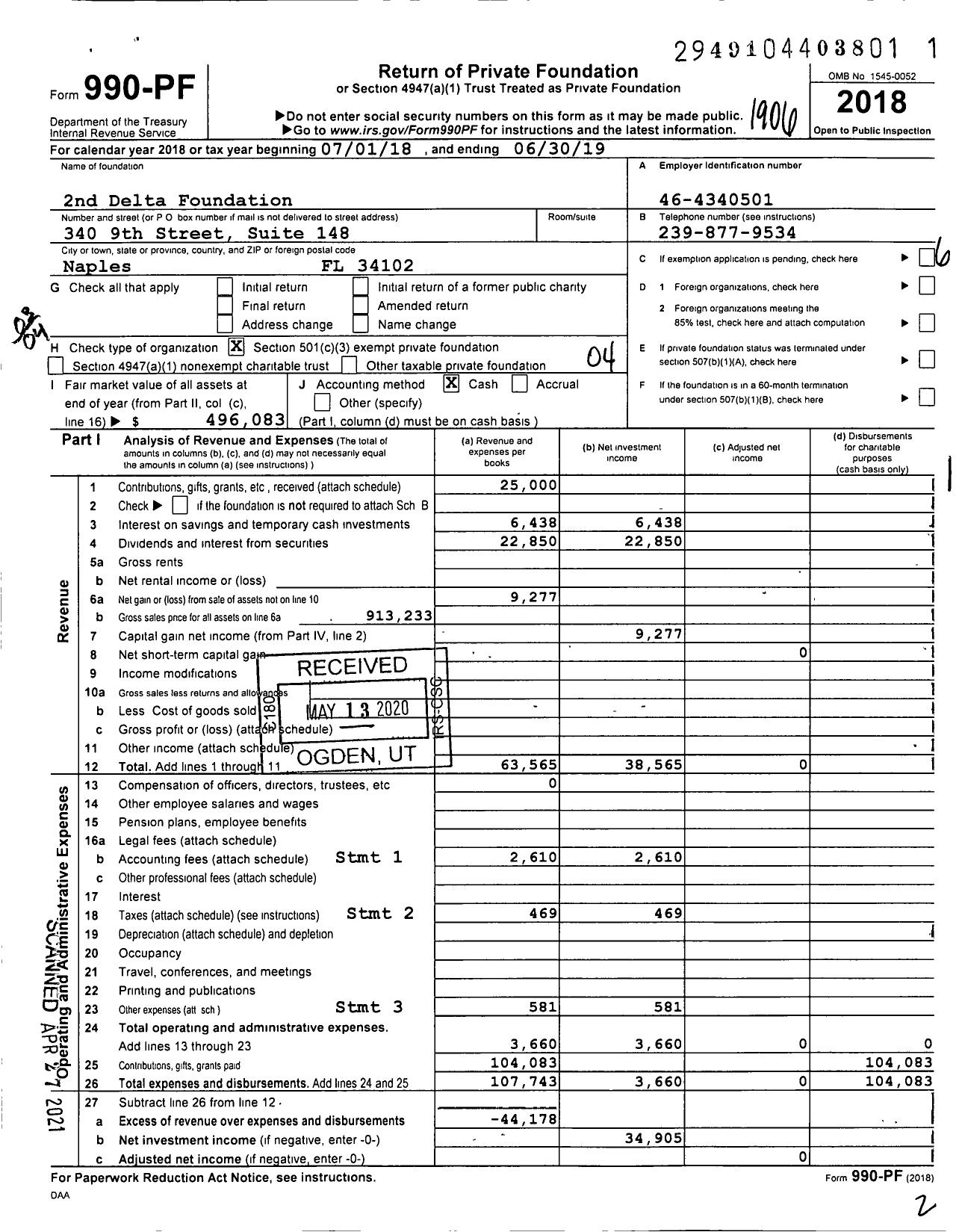 Image of first page of 2018 Form 990PF for 2nd Delta Foundation