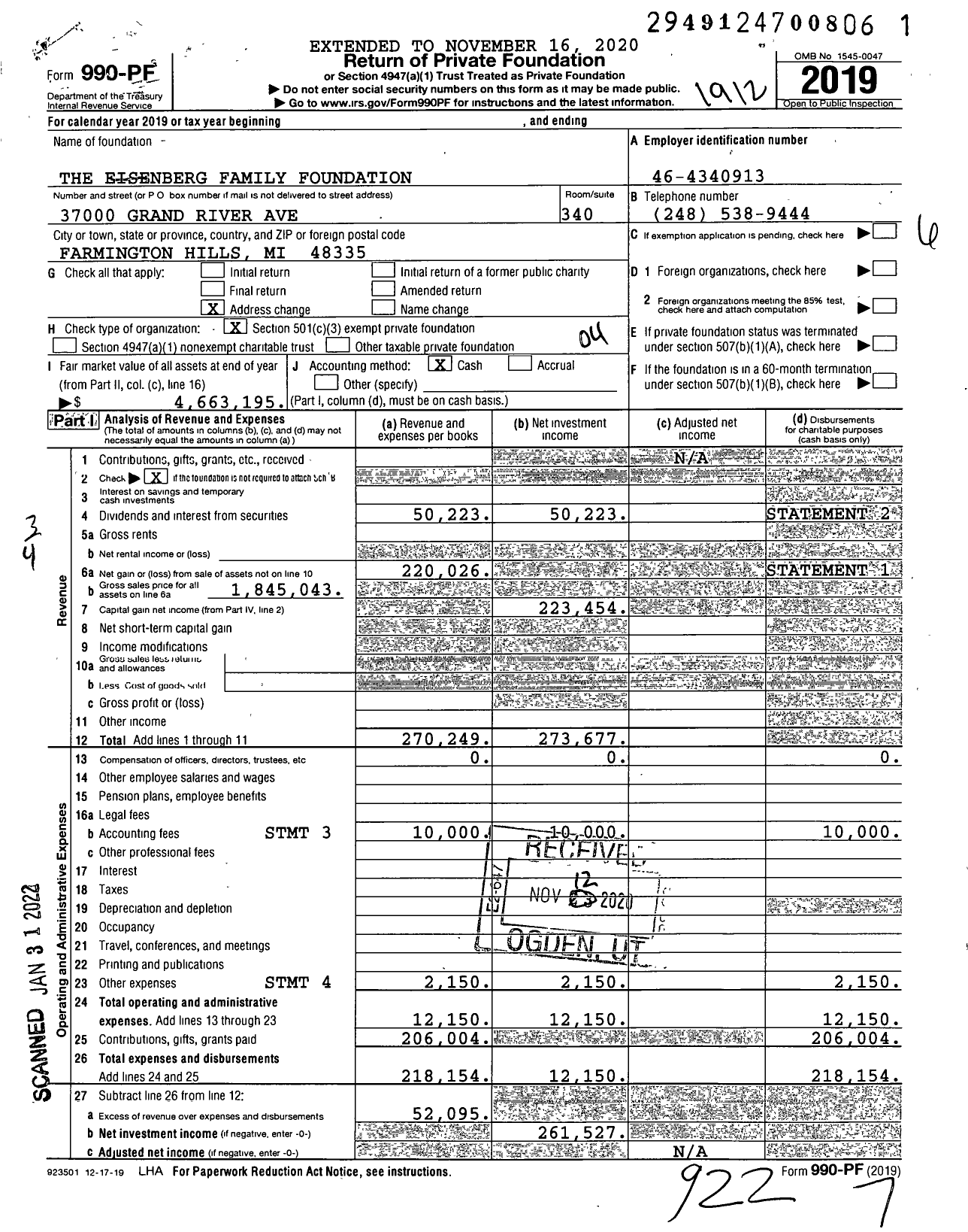 Image of first page of 2019 Form 990PF for The Eisenberg Family Foundation