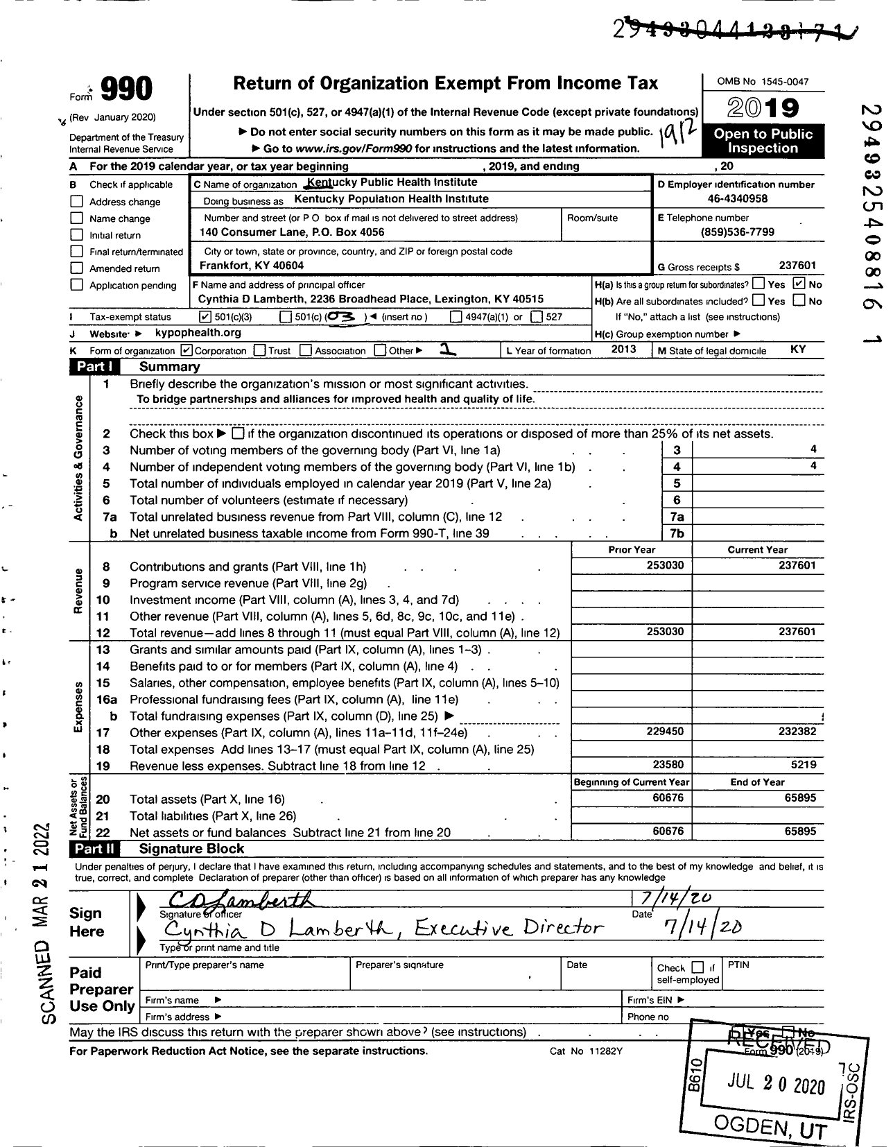 Image of first page of 2019 Form 990 for Kentucky Public Health Institute