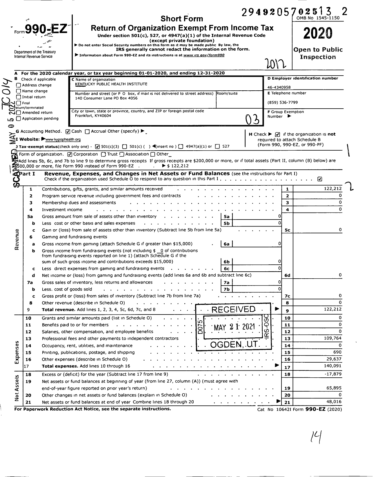 Image of first page of 2020 Form 990EZ for Kentucky Public Health Institute