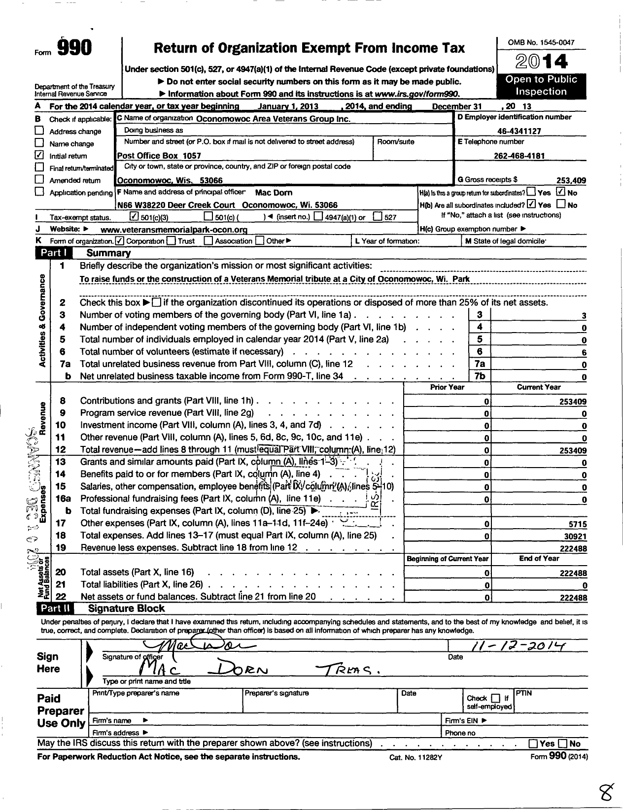 Image of first page of 2013 Form 990 for Oconomowoc Area Veterans Group