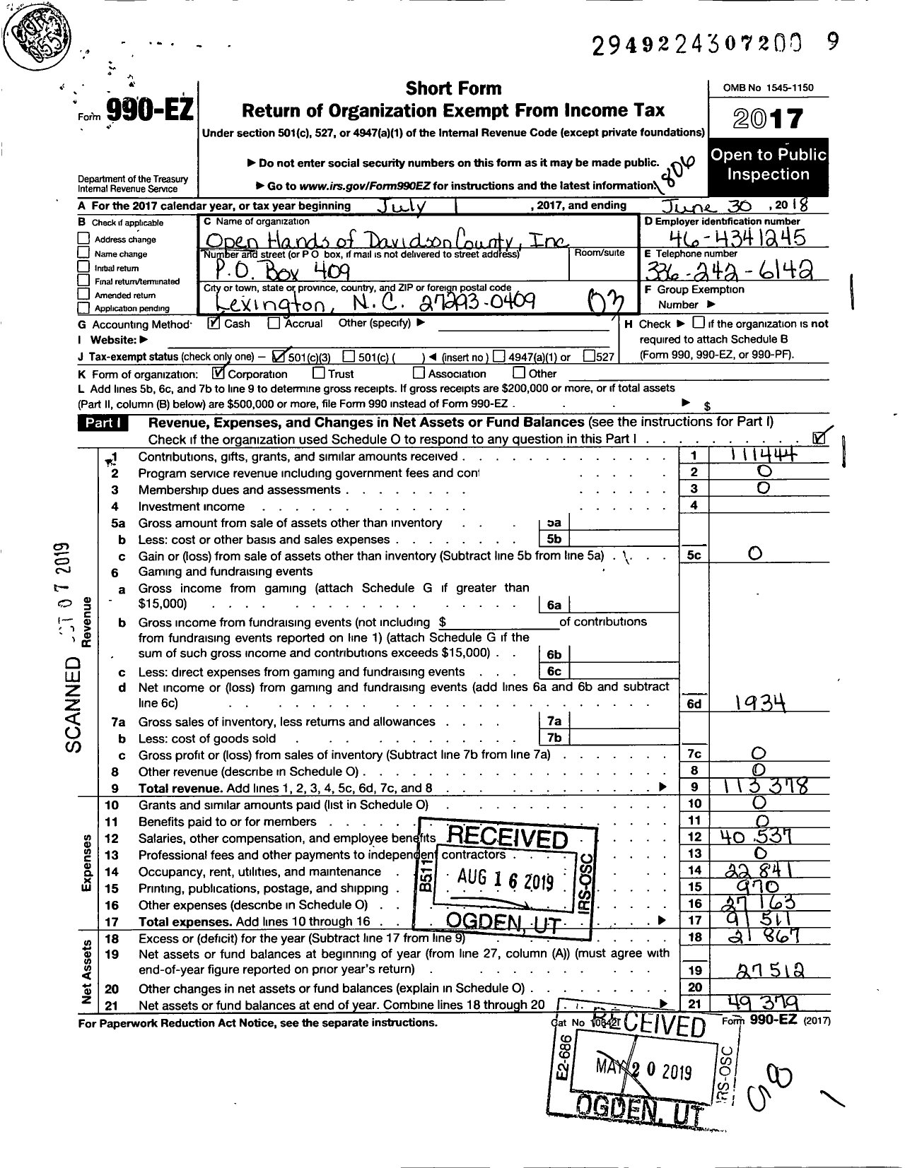 Image of first page of 2017 Form 990EZ for Open Hands of North Carolina