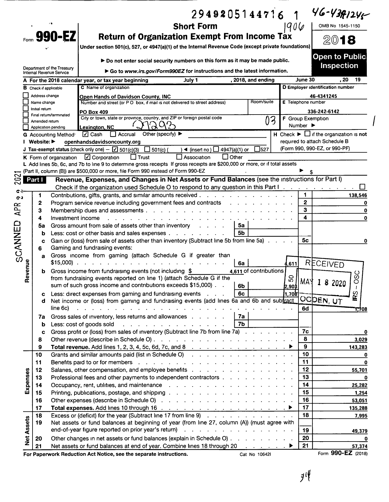 Image of first page of 2018 Form 990EZ for Open Hands of North Carolina