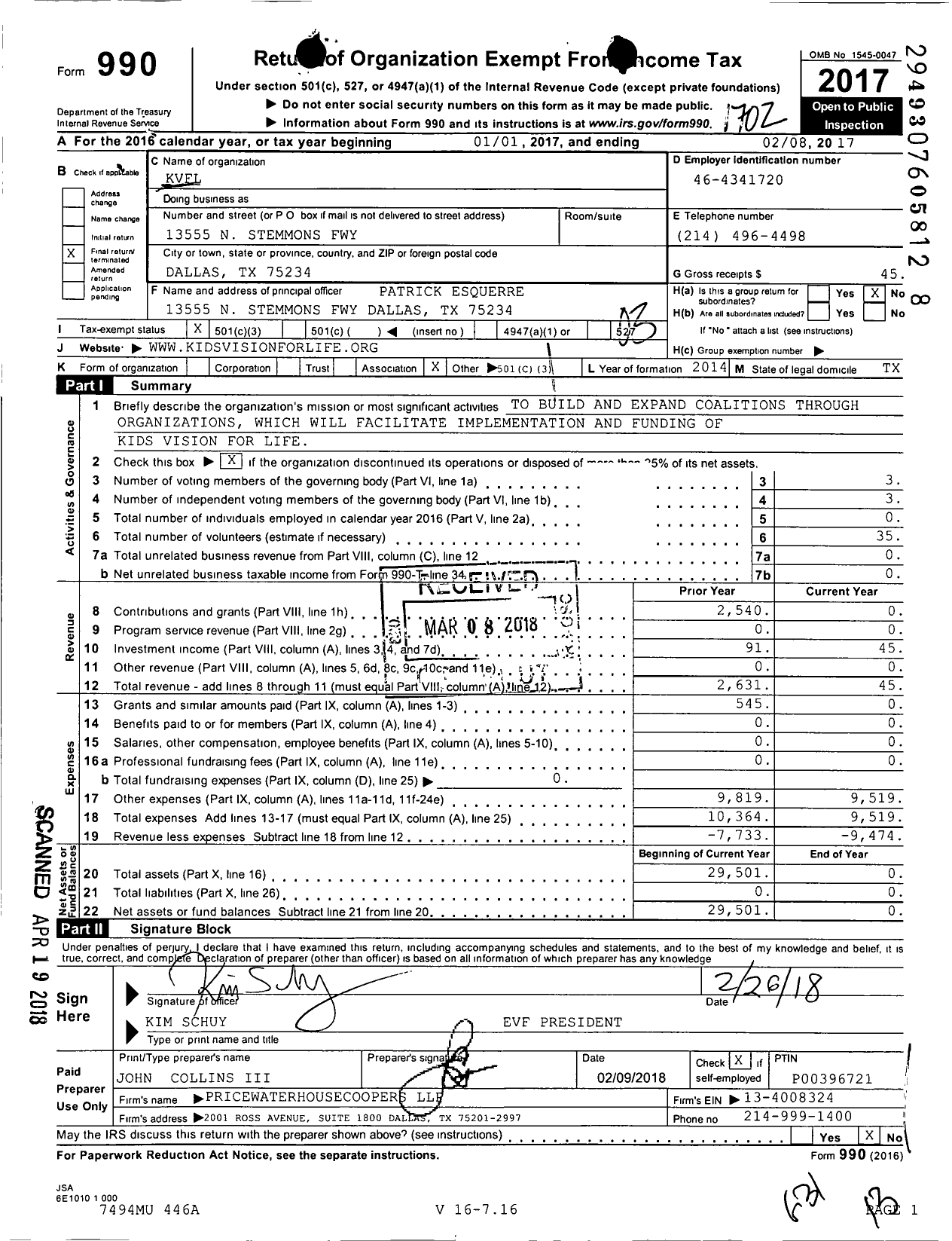 Image of first page of 2016 Form 990 for KVFL