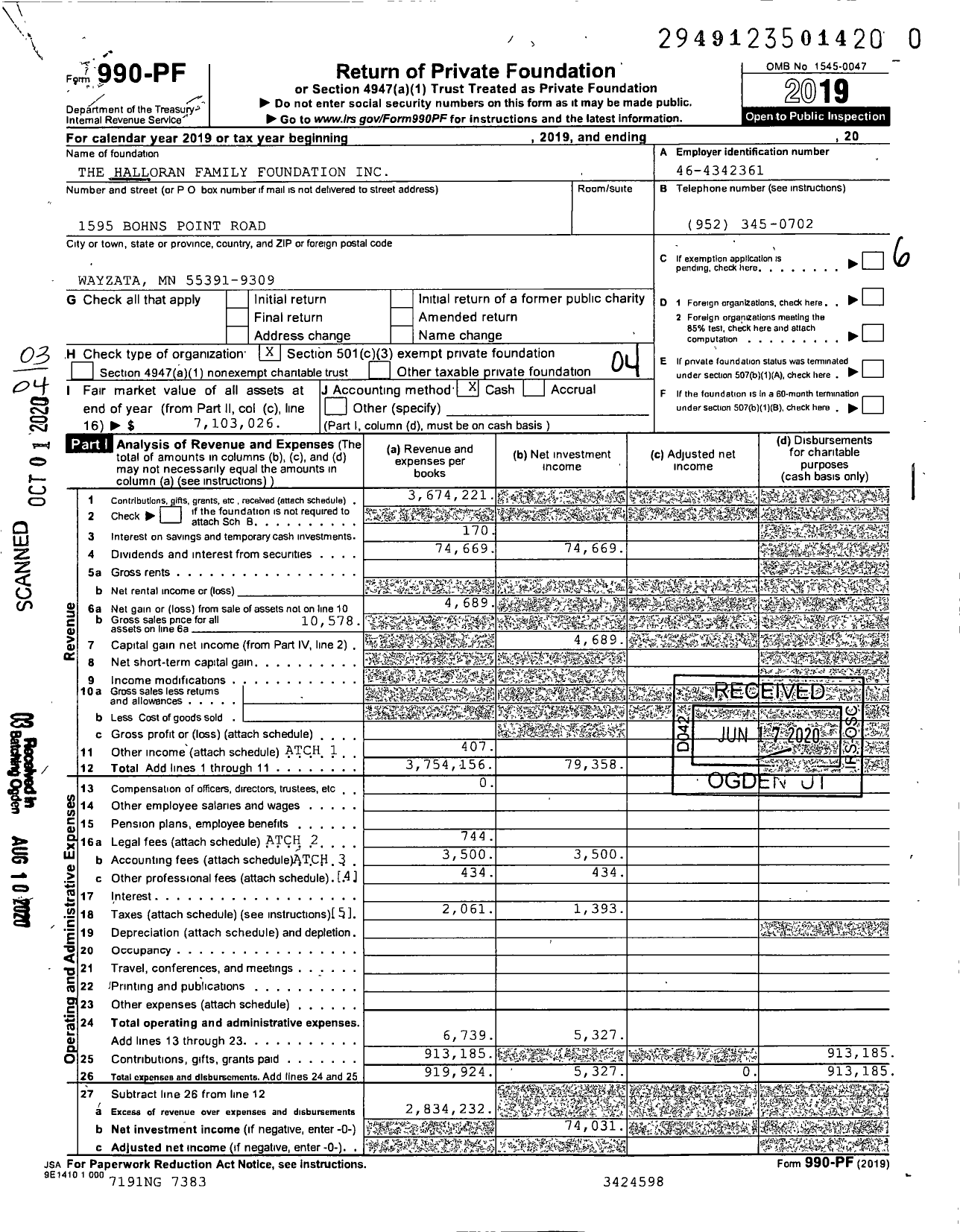 Image of first page of 2019 Form 990PR for The Halloran Family Foundation