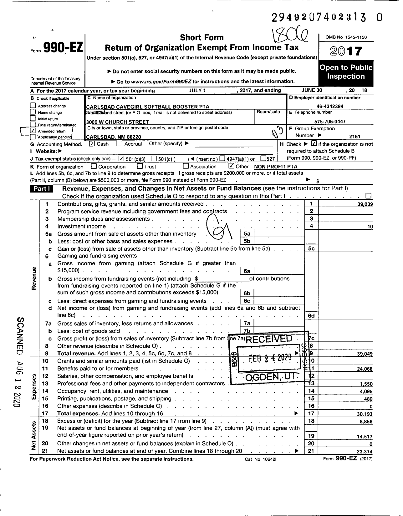 Image of first page of 2017 Form 990EZ for PTA New Mexico Congress / CHS Cavegirl Softball Boosters PTA