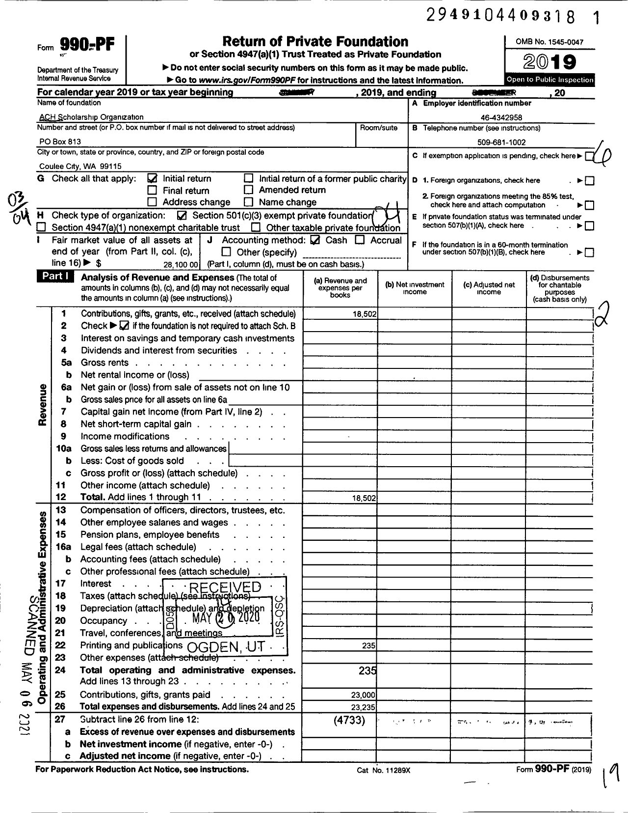 Image of first page of 2019 Form 990PF for Ach Scholarship Organization