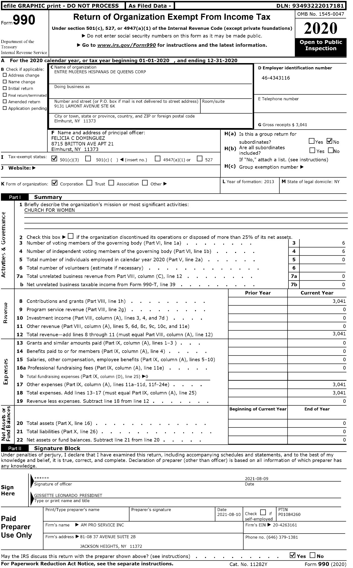 Image of first page of 2020 Form 990 for Entre Mujeres Hispanas de Queens Corporation