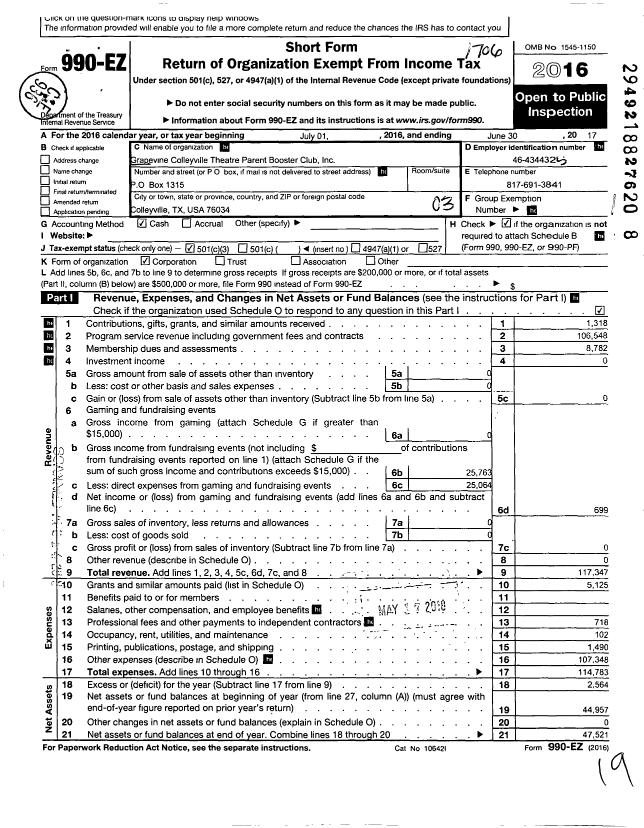 Image of first page of 2016 Form 990EZ for Parent Booster USA / Grapevine Colleyville Theatre Paren