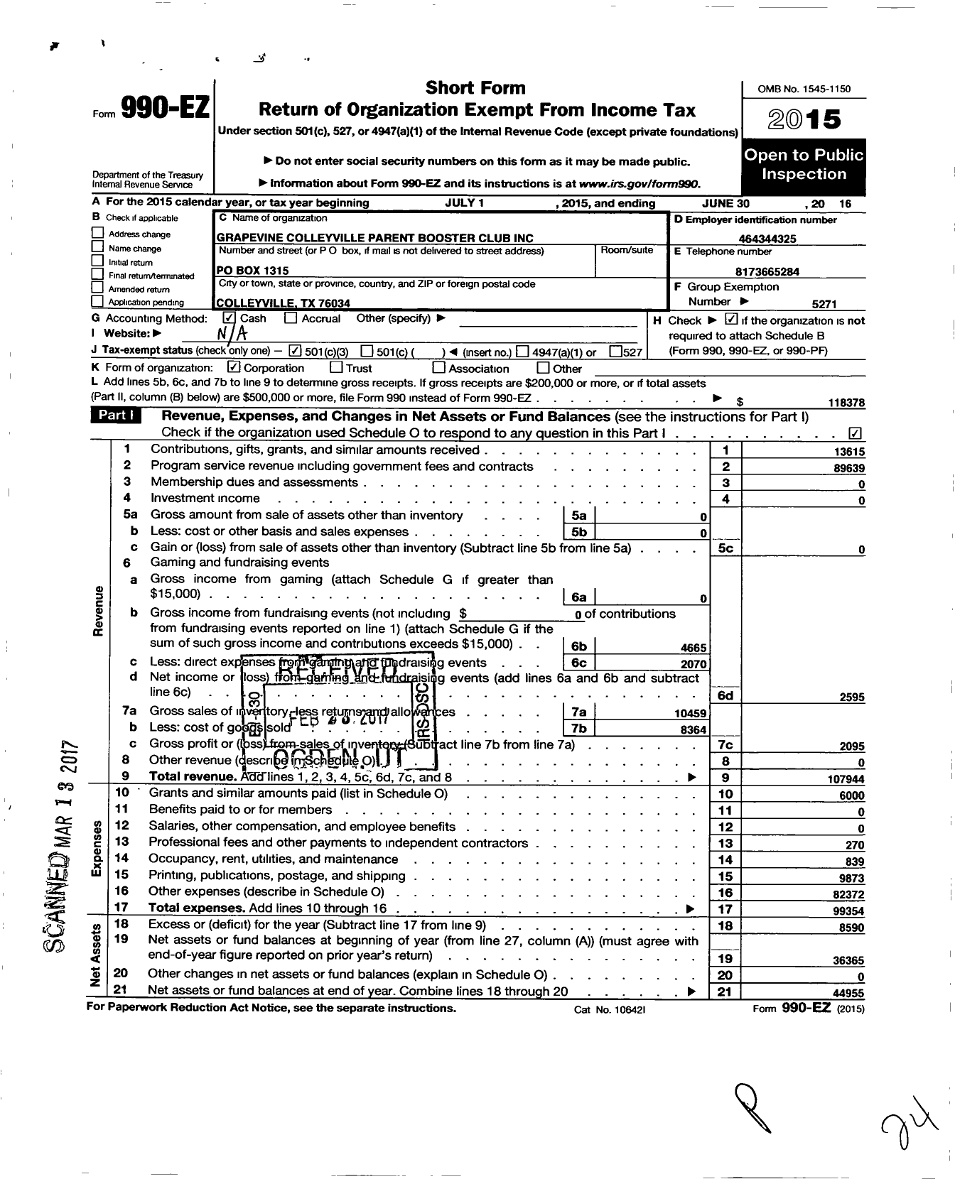 Image of first page of 2015 Form 990EZ for Parent Booster USA / Grapevine Colleyville Theatre Paren