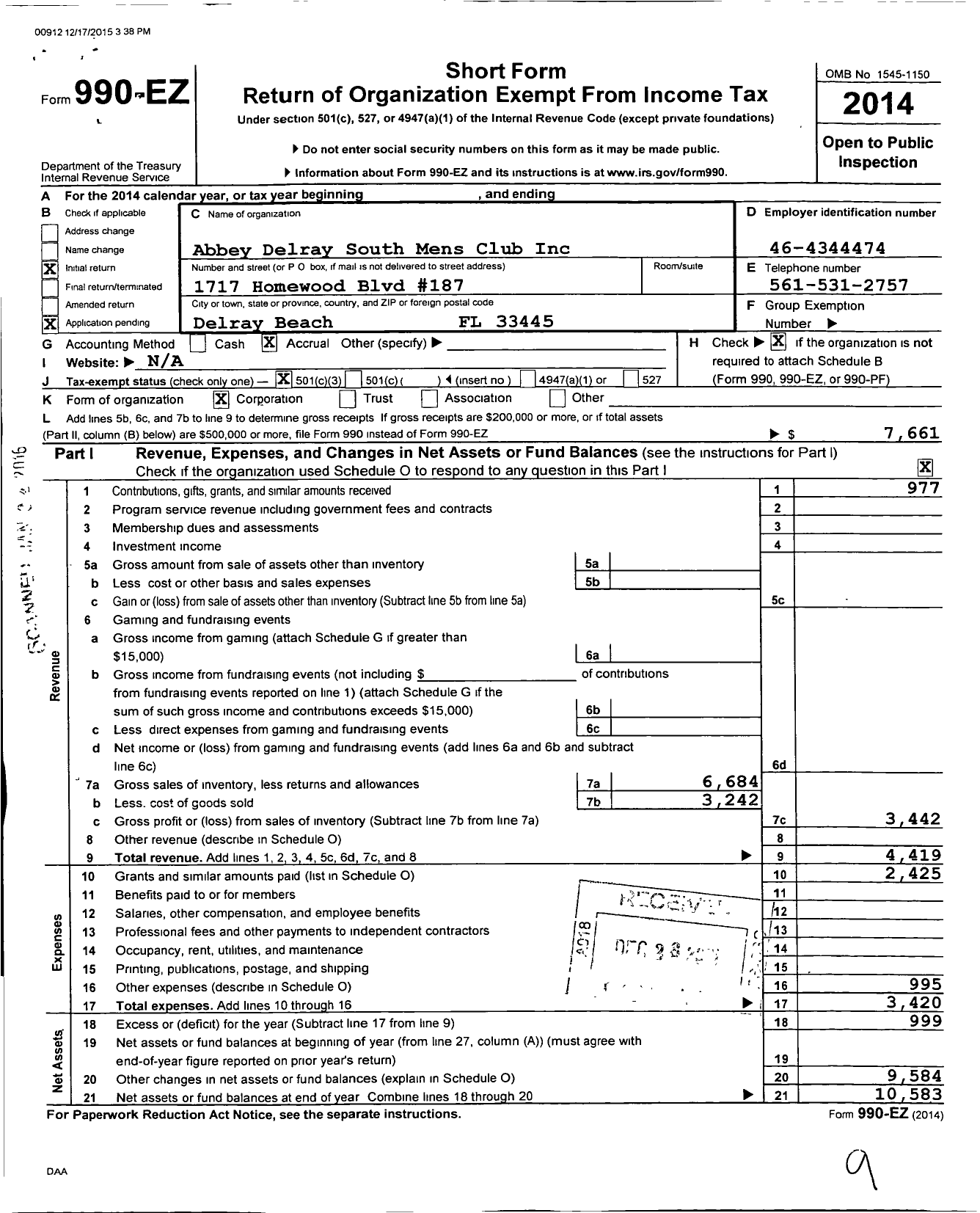 Image of first page of 2014 Form 990EZ for Abbey Delray South Mens Club