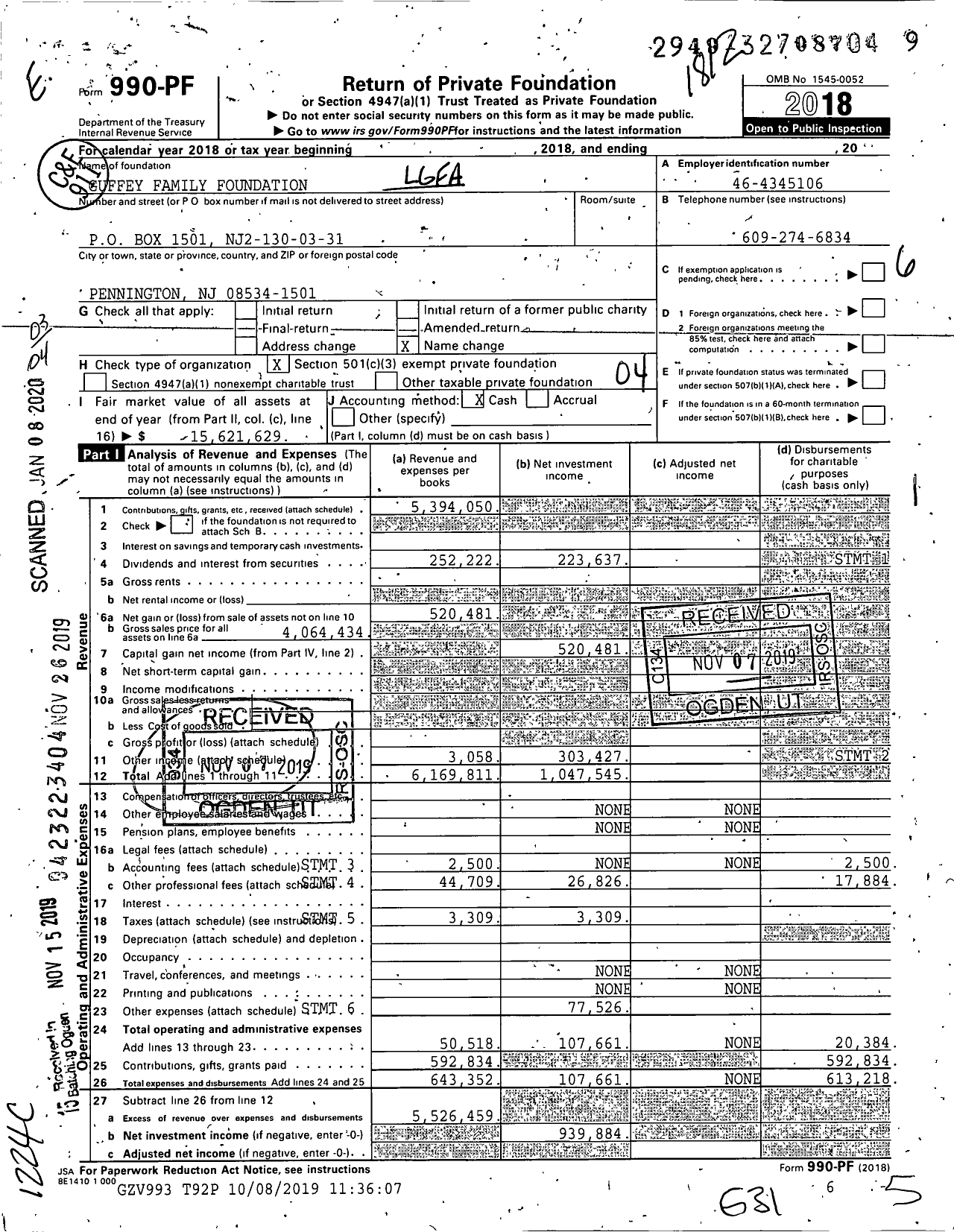 Image of first page of 2018 Form 990PF for Guffey Family Foundation