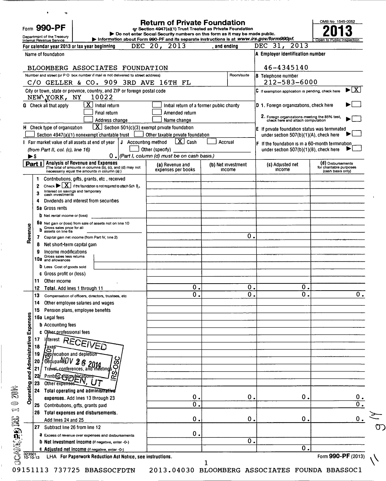 Image of first page of 2013 Form 990PF for Bloomberg Associates Foundation