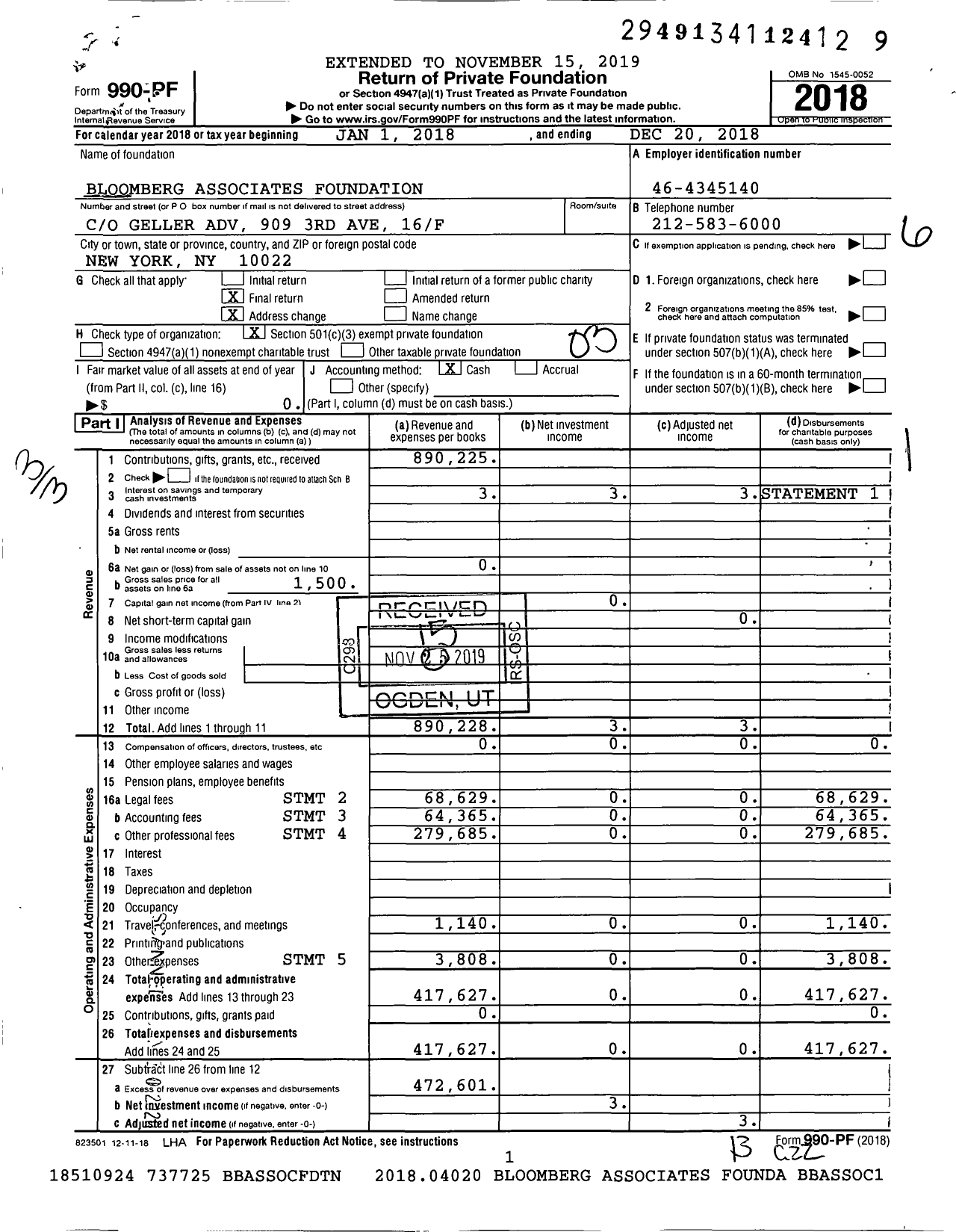 Image of first page of 2018 Form 990PF for Bloomberg Associates Foundation