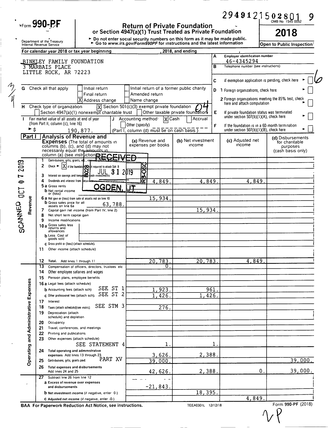 Image of first page of 2018 Form 990PF for Binkley Family Foundation