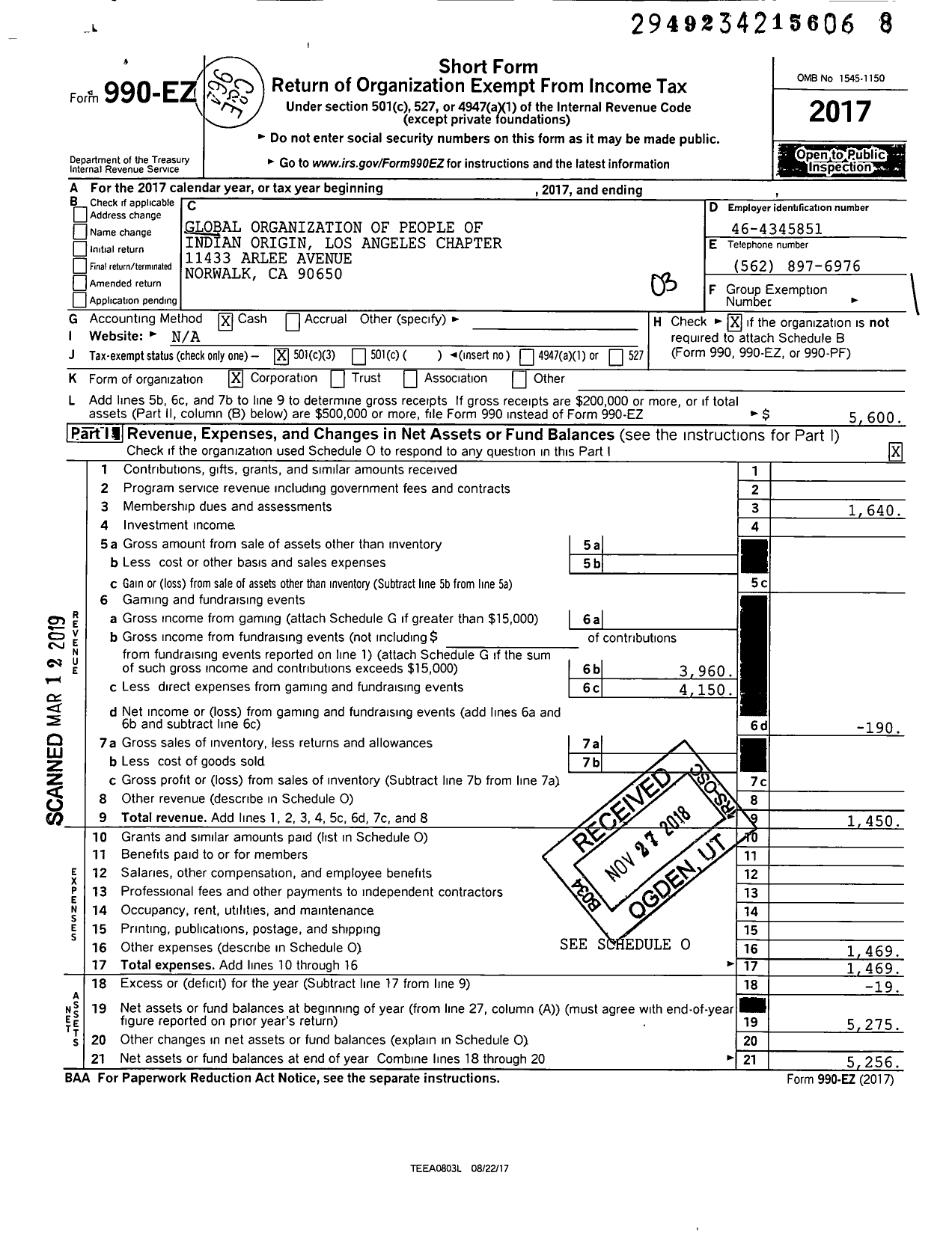 Image of first page of 2017 Form 990EZ for Global Organization of People of Indian Origin Los Angeles Chapter