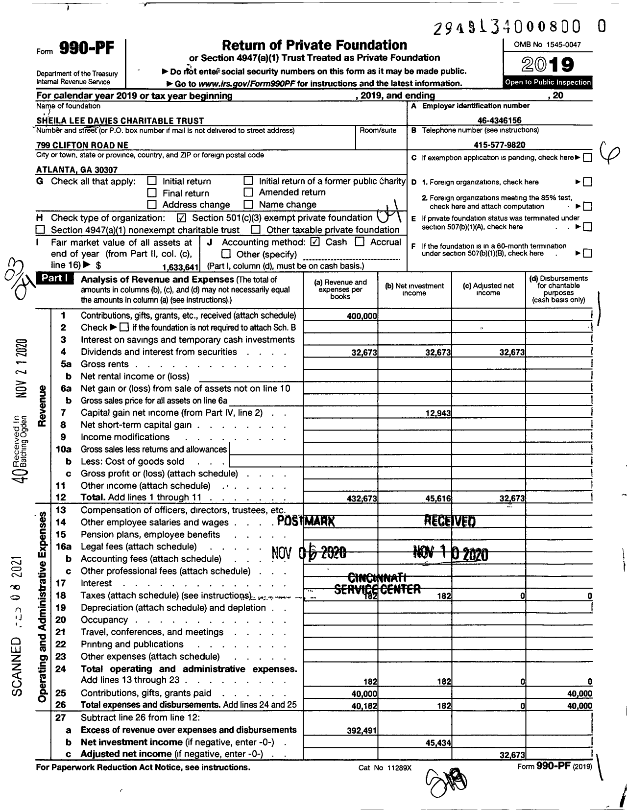 Image of first page of 2019 Form 990PF for Sheila Lee Davies Charitable Trust