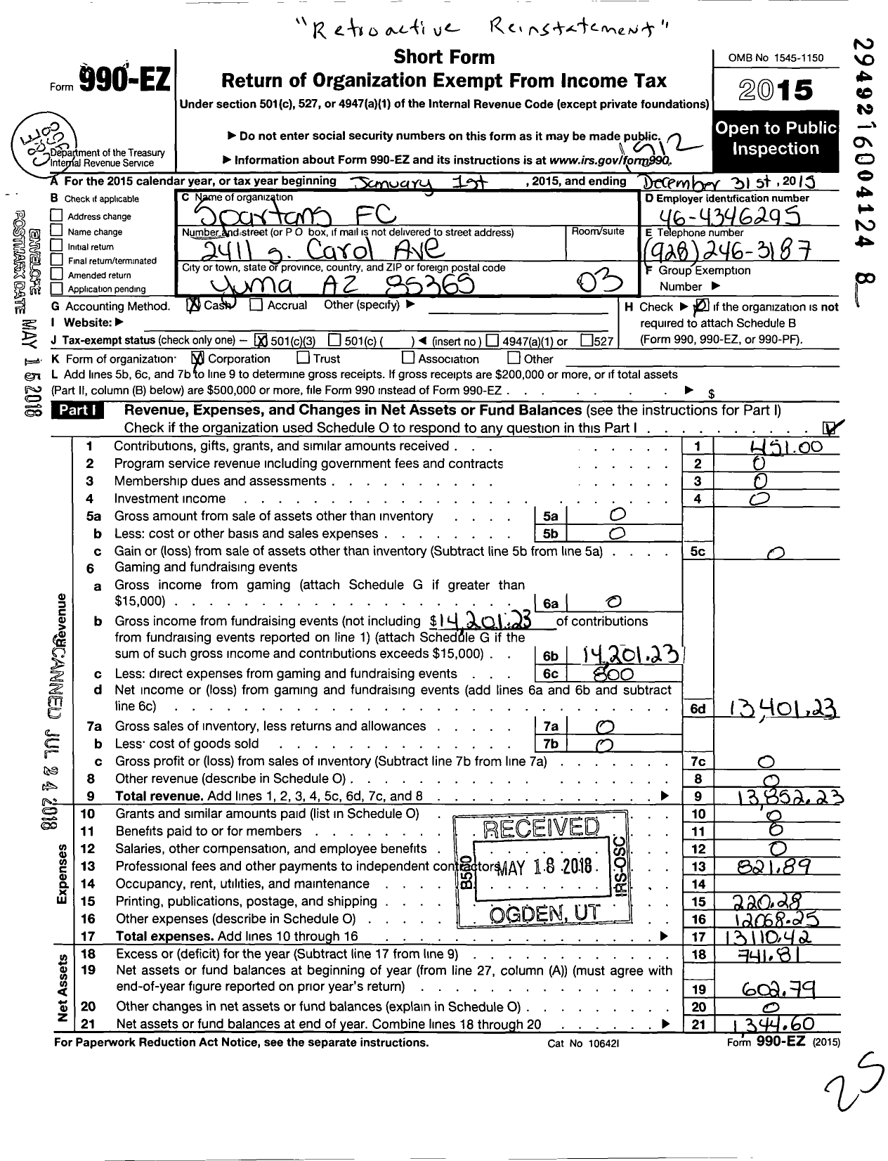 Image of first page of 2015 Form 990EZ for Spartans FC