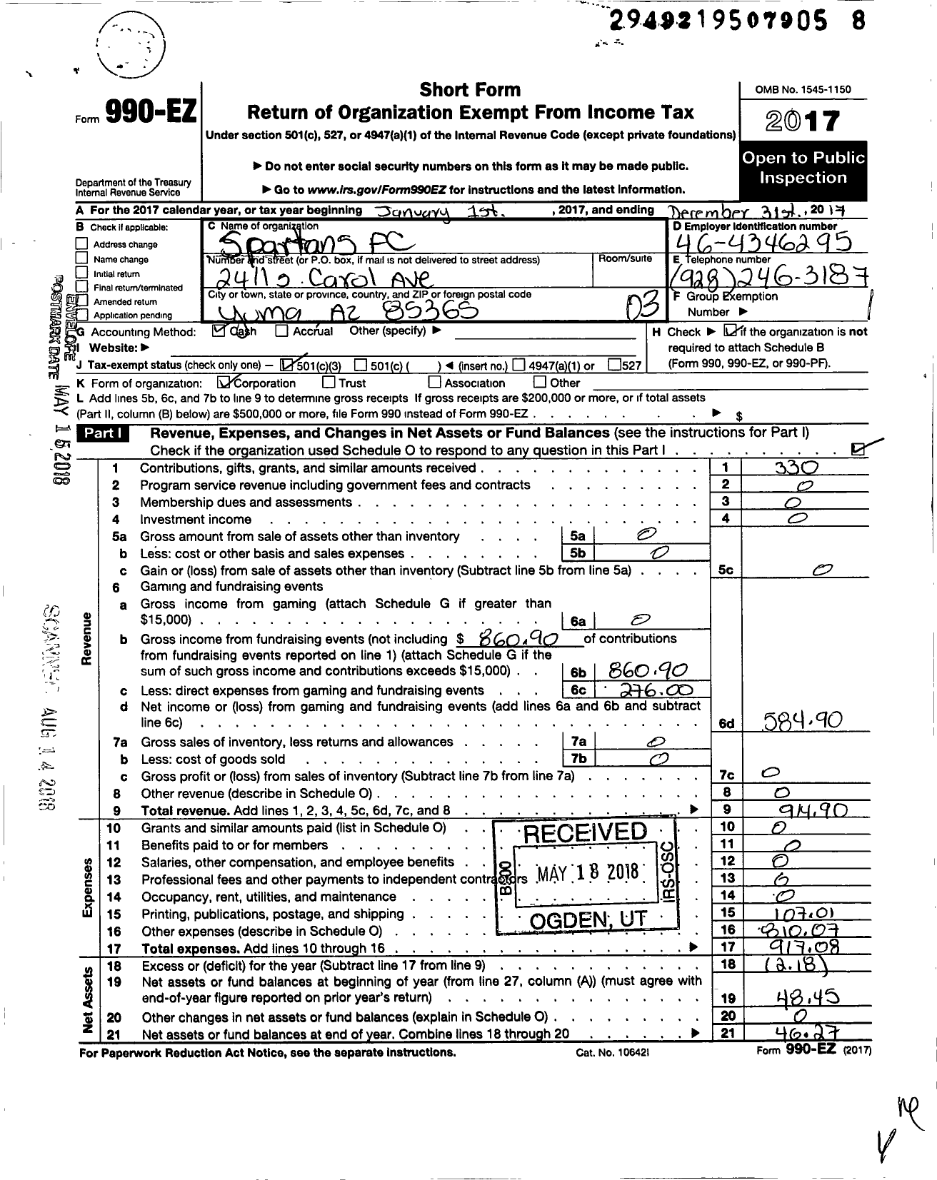 Image of first page of 2017 Form 990EZ for Spartans FC