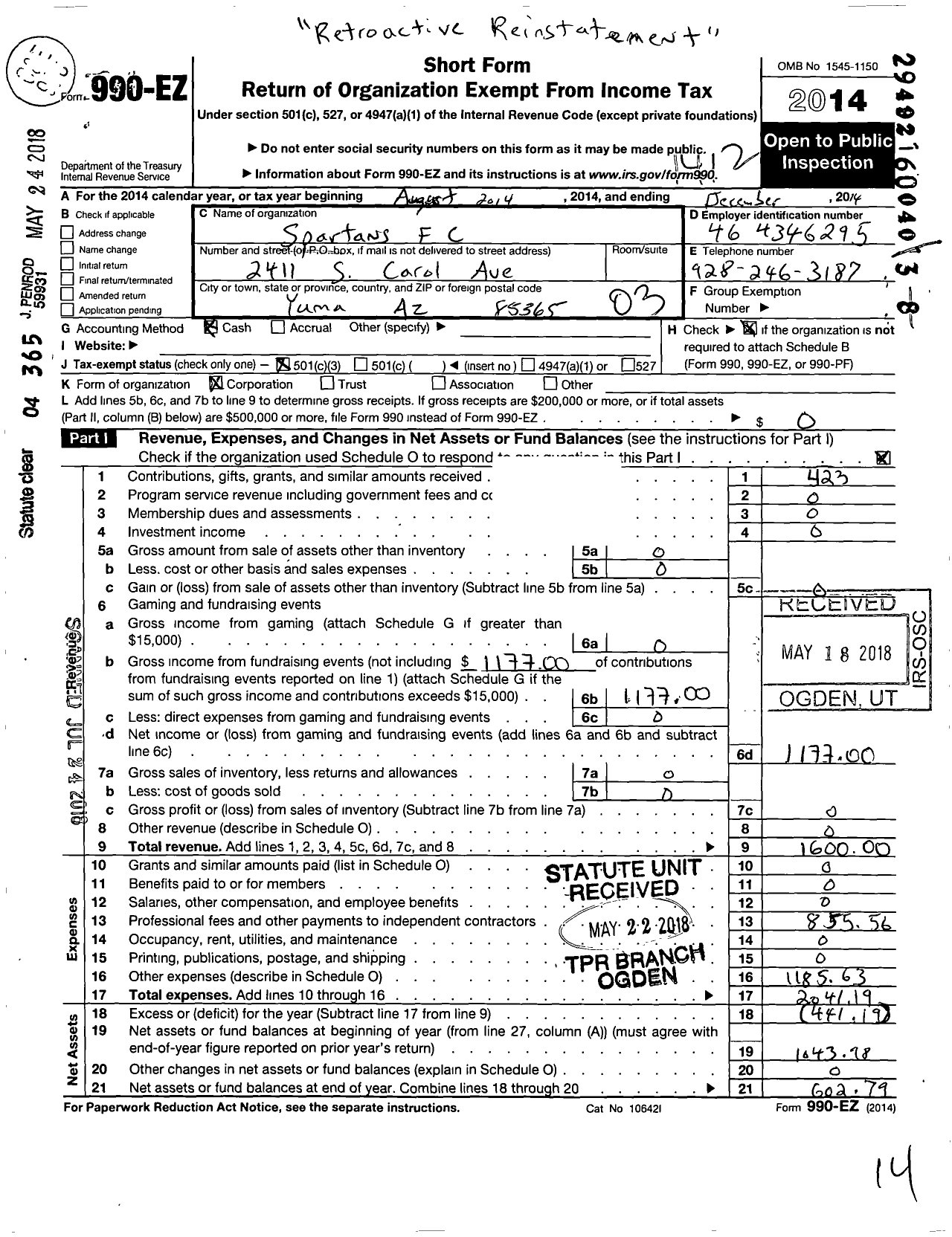 Image of first page of 2014 Form 990EZ for Spartans FC