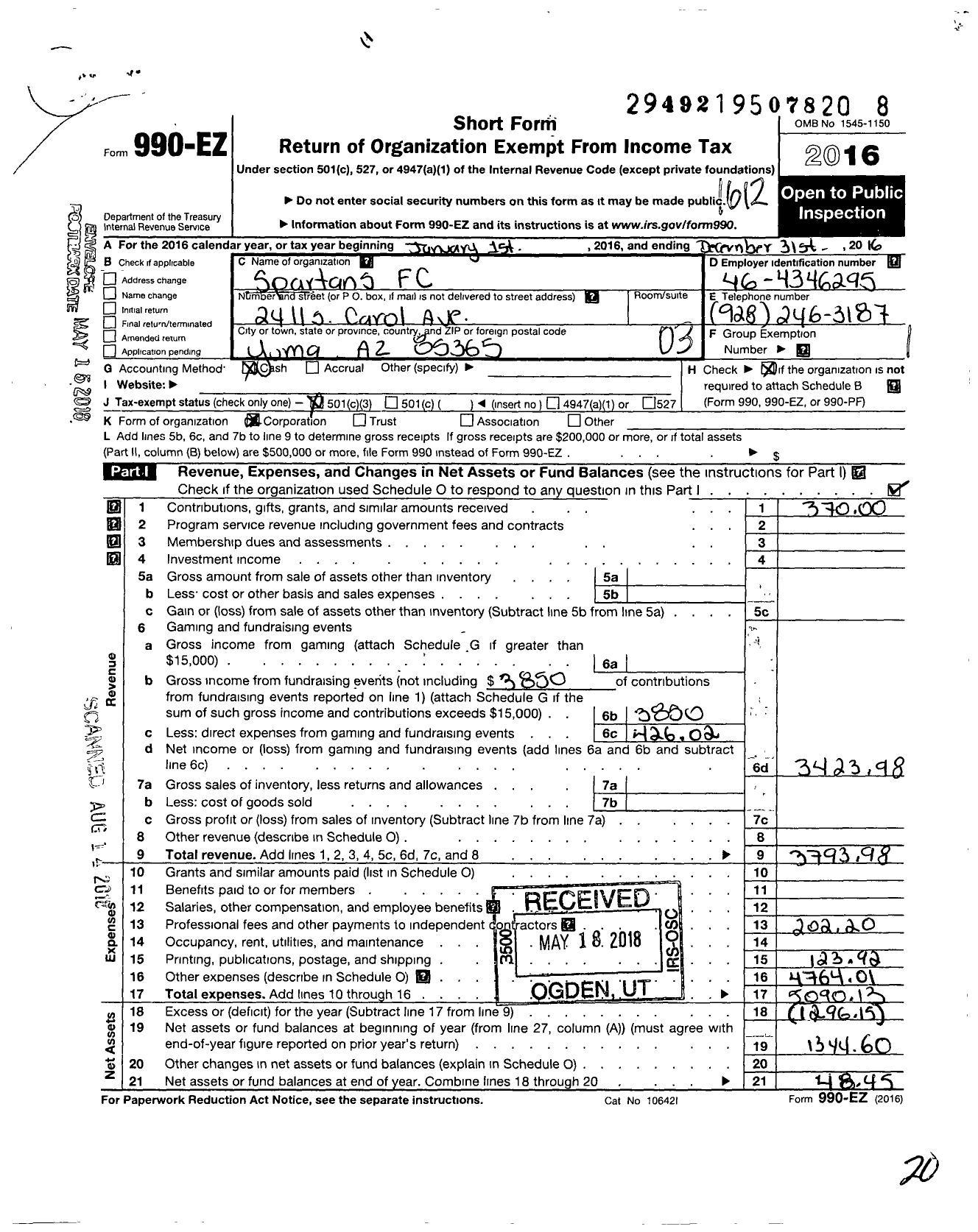 Image of first page of 2016 Form 990EZ for Spartans FC