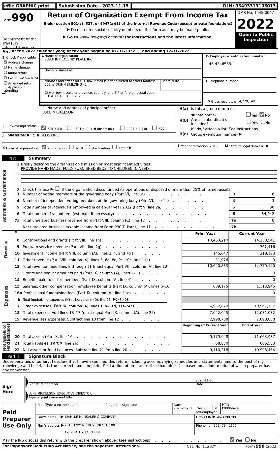 Image of first page of 2022 Form 990 for Sleep in Heavenly Peace