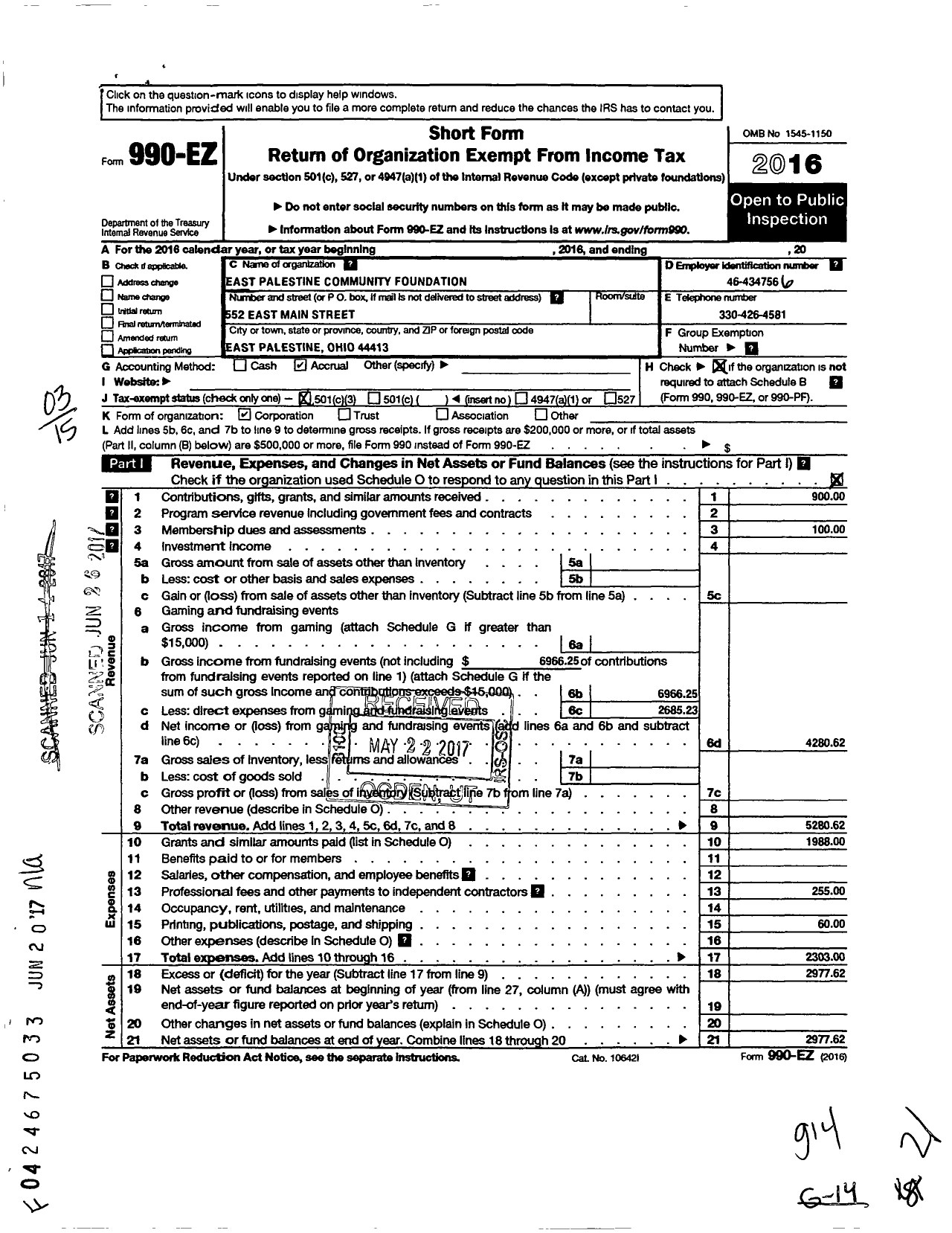 Image of first page of 2016 Form 990EZ for East Palestine Community Foundation