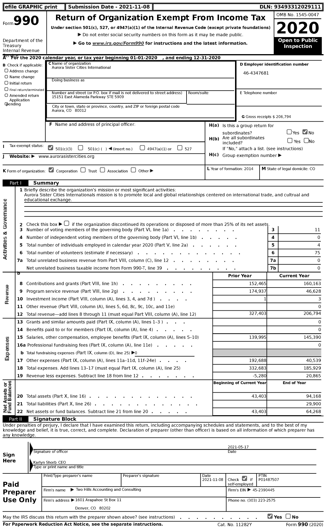 Image of first page of 2020 Form 990 for Aurora Sister Cities International