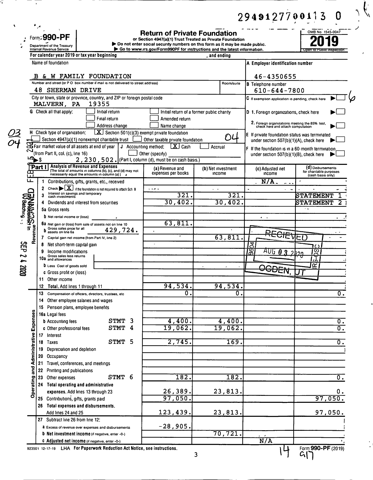 Image of first page of 2019 Form 990PF for B and W Family Foundation