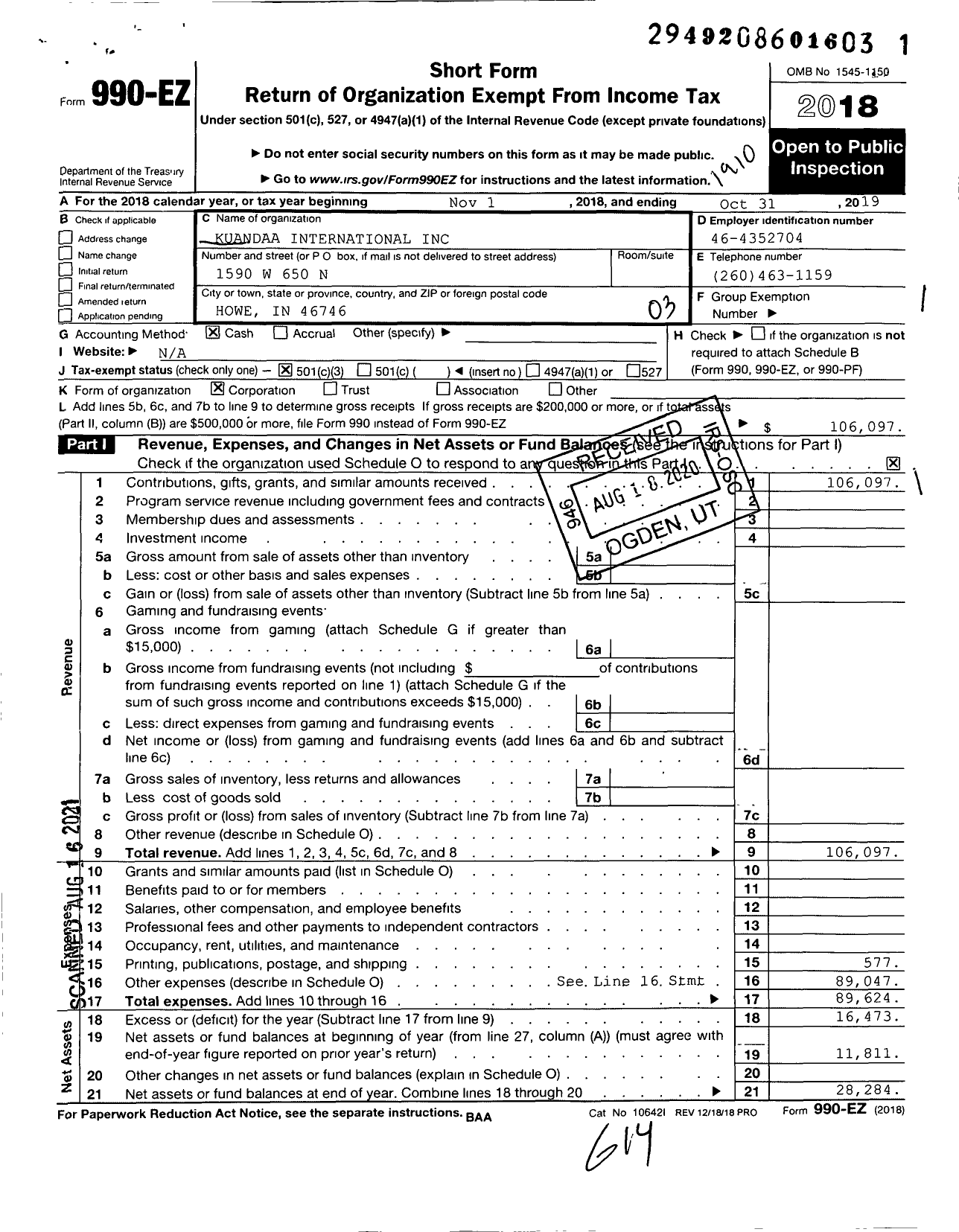 Image of first page of 2018 Form 990EZ for Kuandaa International