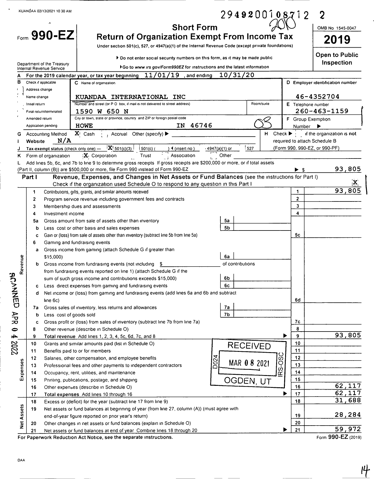 Image of first page of 2019 Form 990EZ for Kuandaa International