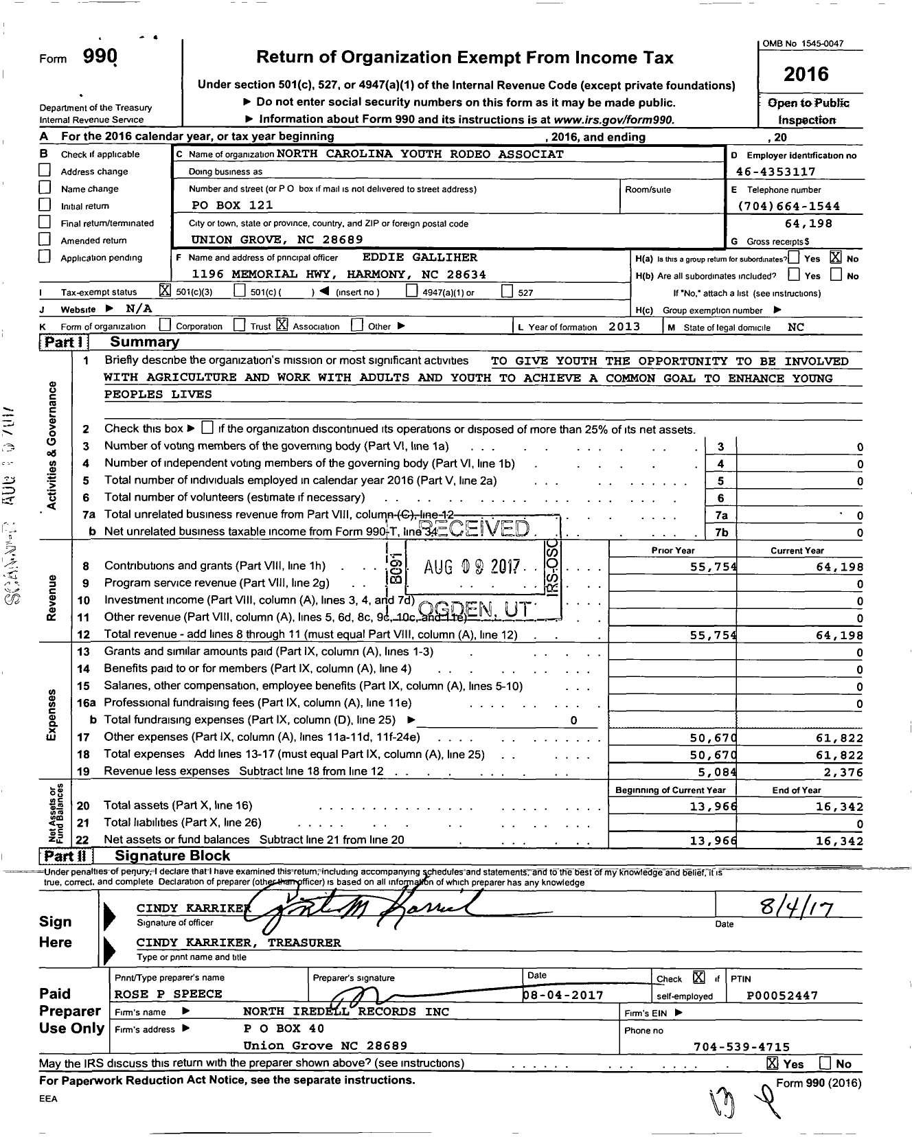 Image of first page of 2016 Form 990 for North Carolina Youth Rodeo Association