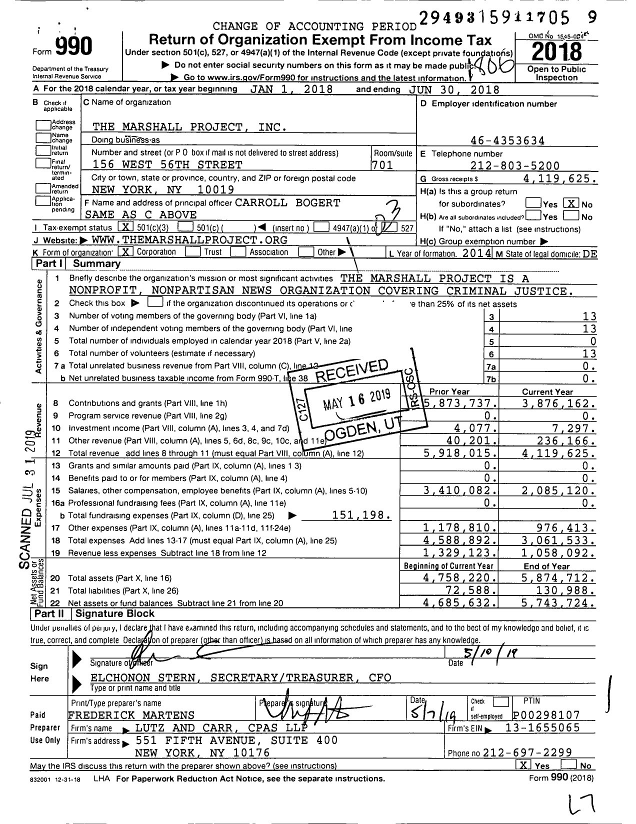 Image of first page of 2017 Form 990 for The Marshall Project