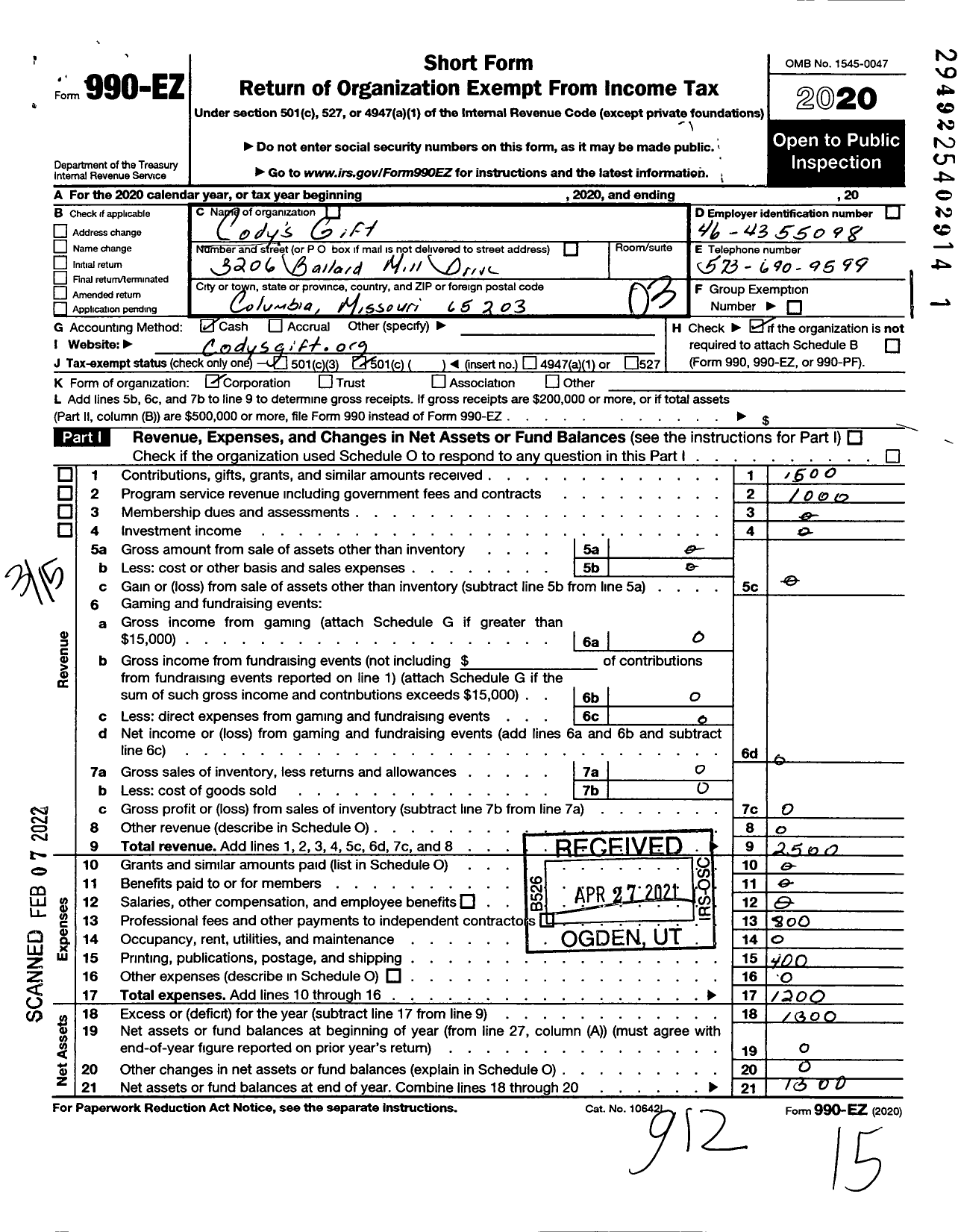 Image of first page of 2020 Form 990EZ for Codysgift