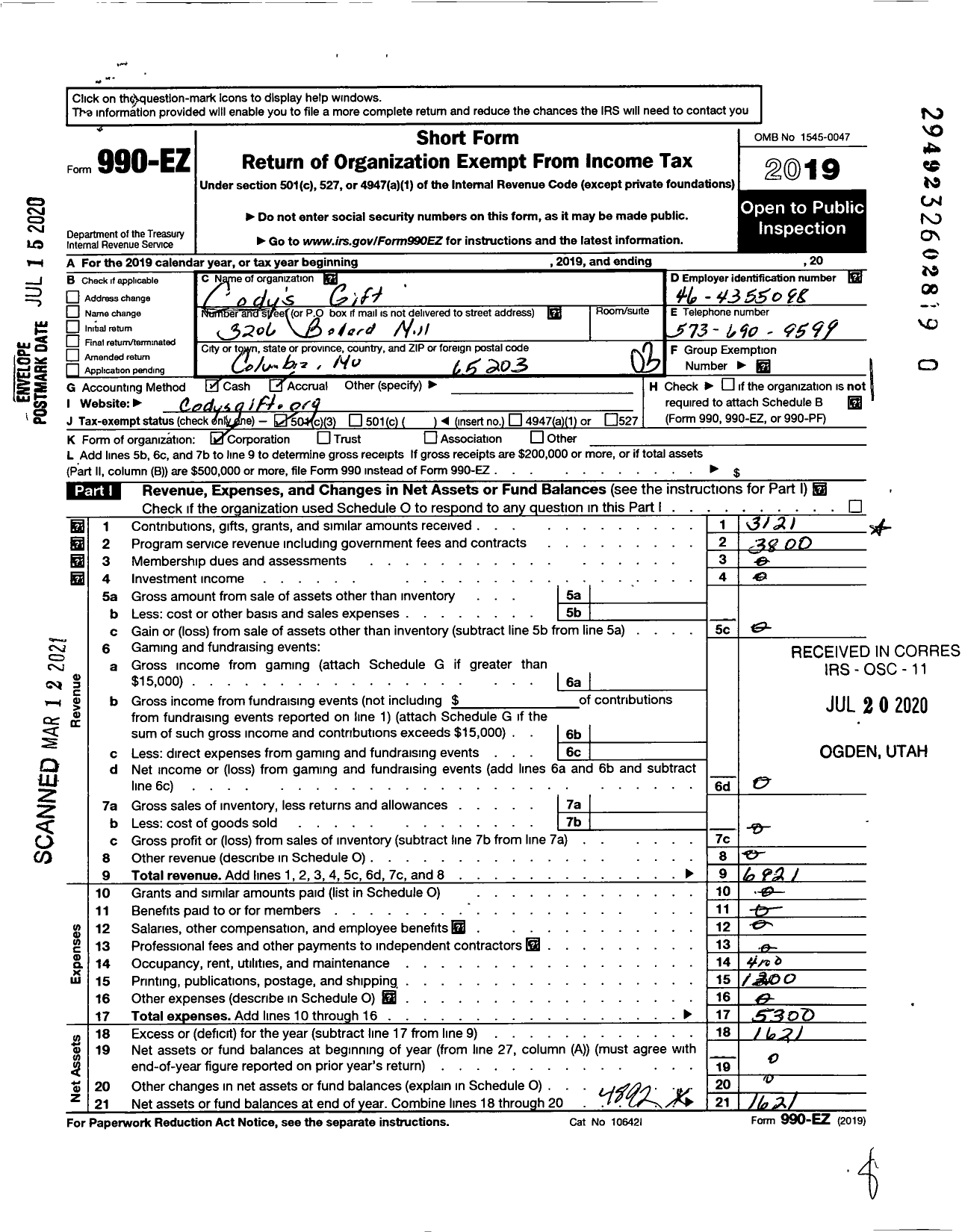 Image of first page of 2019 Form 990EZ for Codysgift