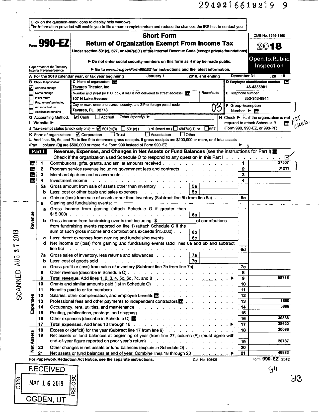 Image of first page of 2018 Form 990EZ for Tavares Theater