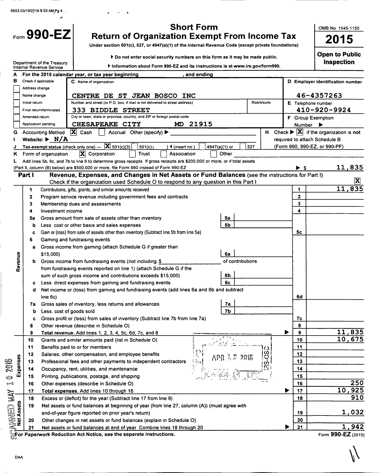 Image of first page of 2015 Form 990EZ for Centre de St Jean Bosco