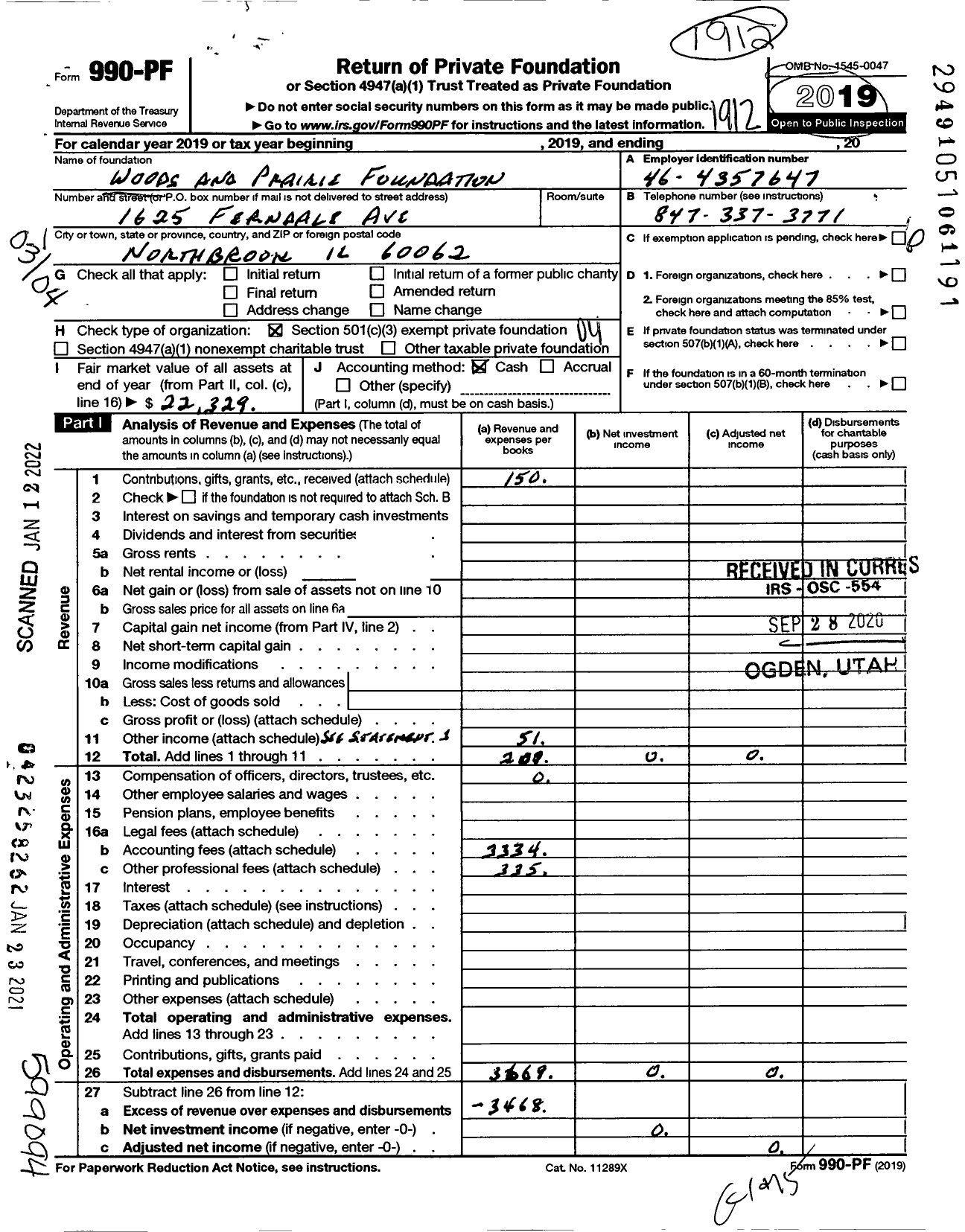 Image of first page of 2019 Form 990PF for Woods and Prairie Foundation