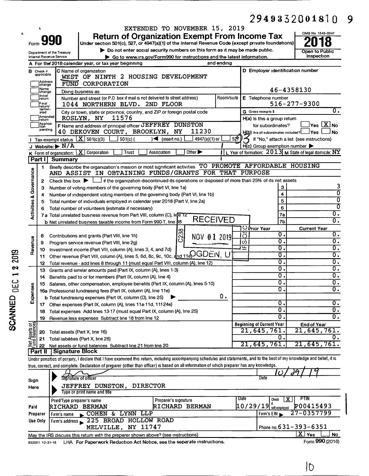 Image of first page of 2018 Form 990 for West of Ninth 2 Housing Development Fund Corporation