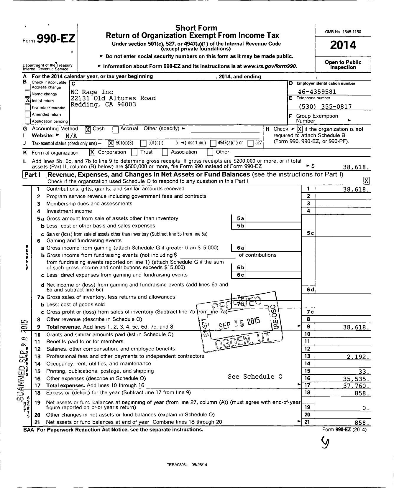 Image of first page of 2014 Form 990EZ for NC Rage