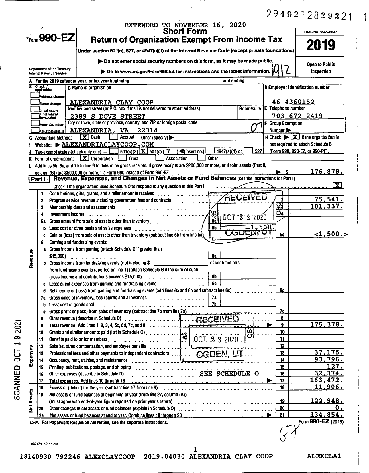 Image of first page of 2019 Form 990EO for Alexandria Clay Company Alexandria Clay Co-Op