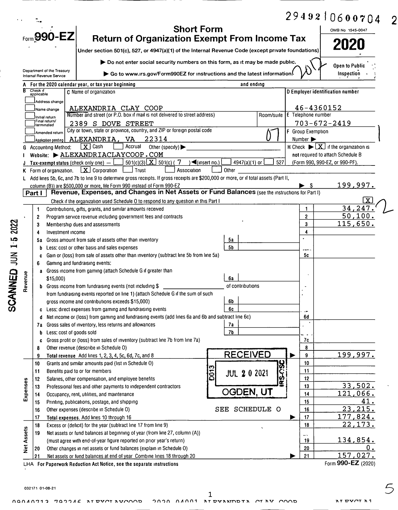 Image of first page of 2020 Form 990EO for Alexandria Clay Company Alexandria Clay Co-Op