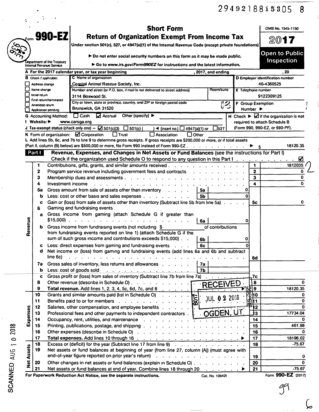 Image of first page of 2017 Form 990EZ for Coastal Animal Rescue Society