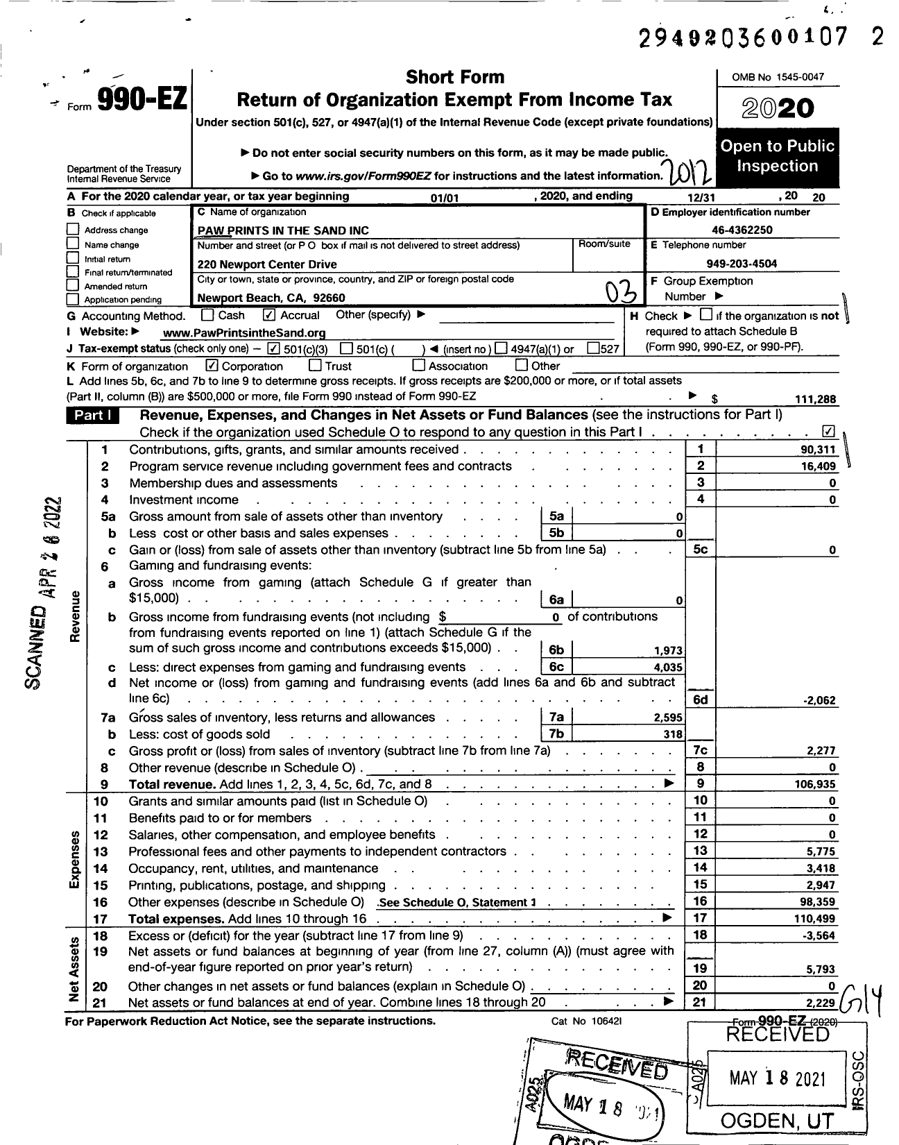 Image of first page of 2020 Form 990EZ for Paw Prints in the Sand