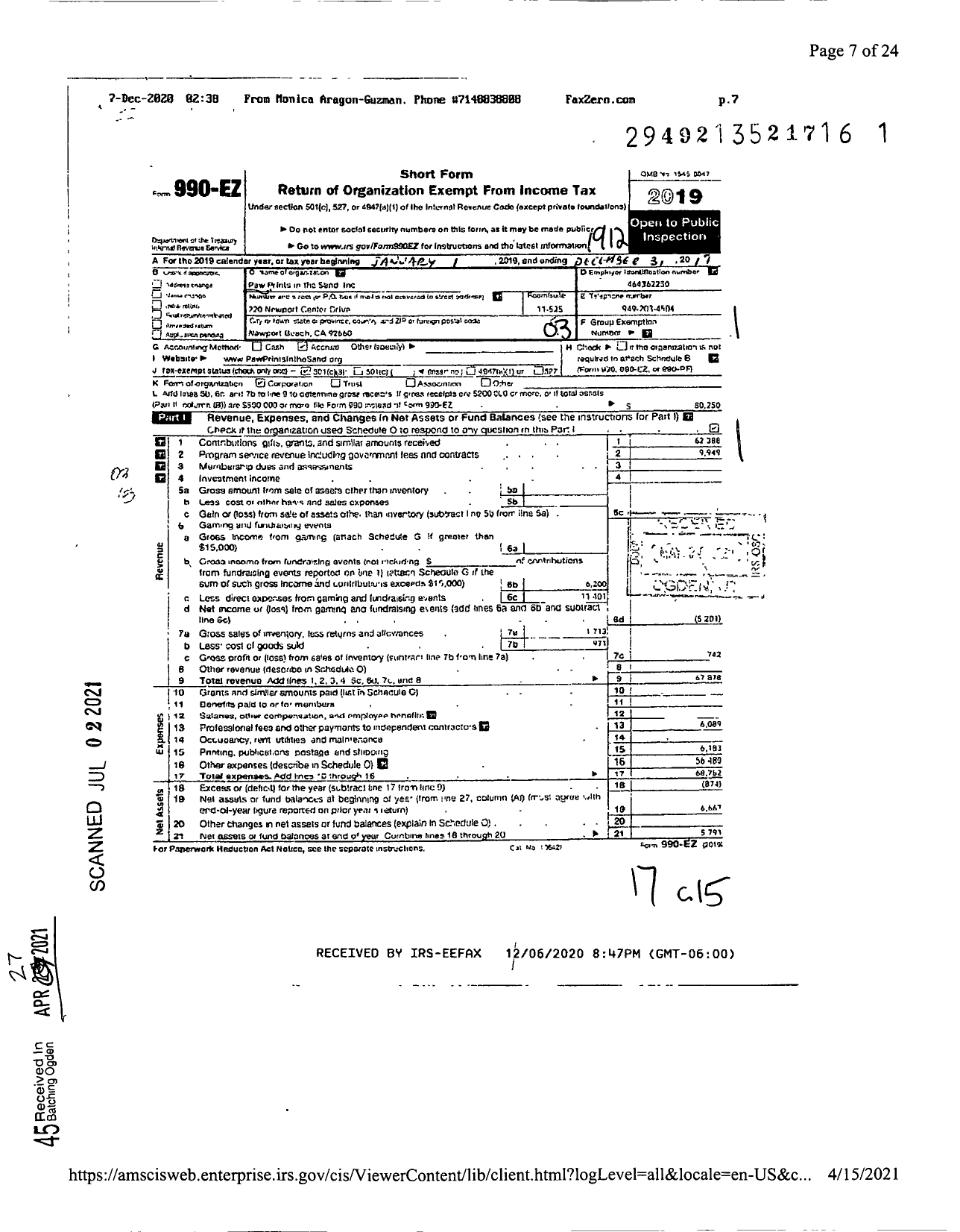 Image of first page of 2019 Form 990EZ for Paw Prints in the Sand