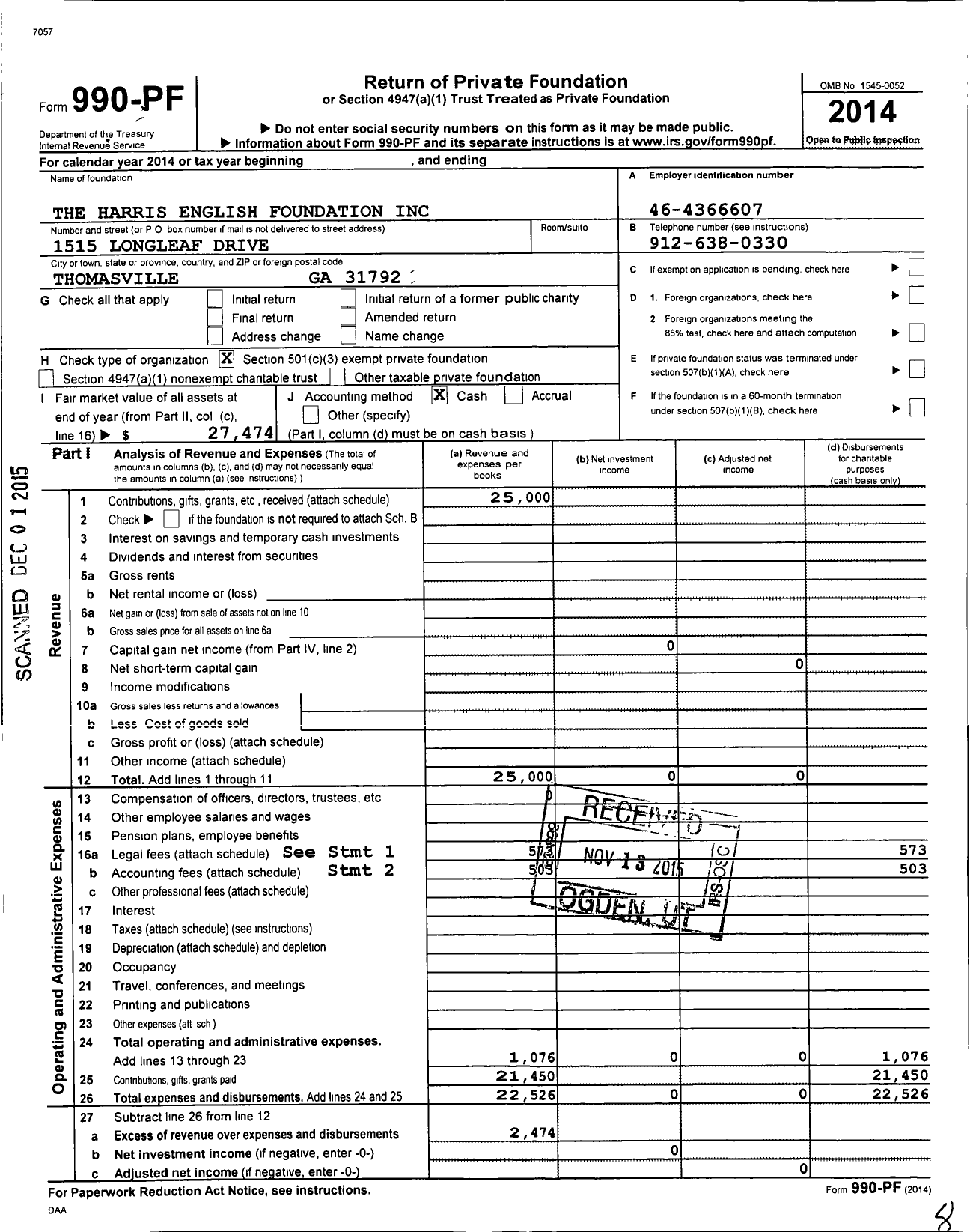 Image of first page of 2014 Form 990PF for The Harris English Foundation