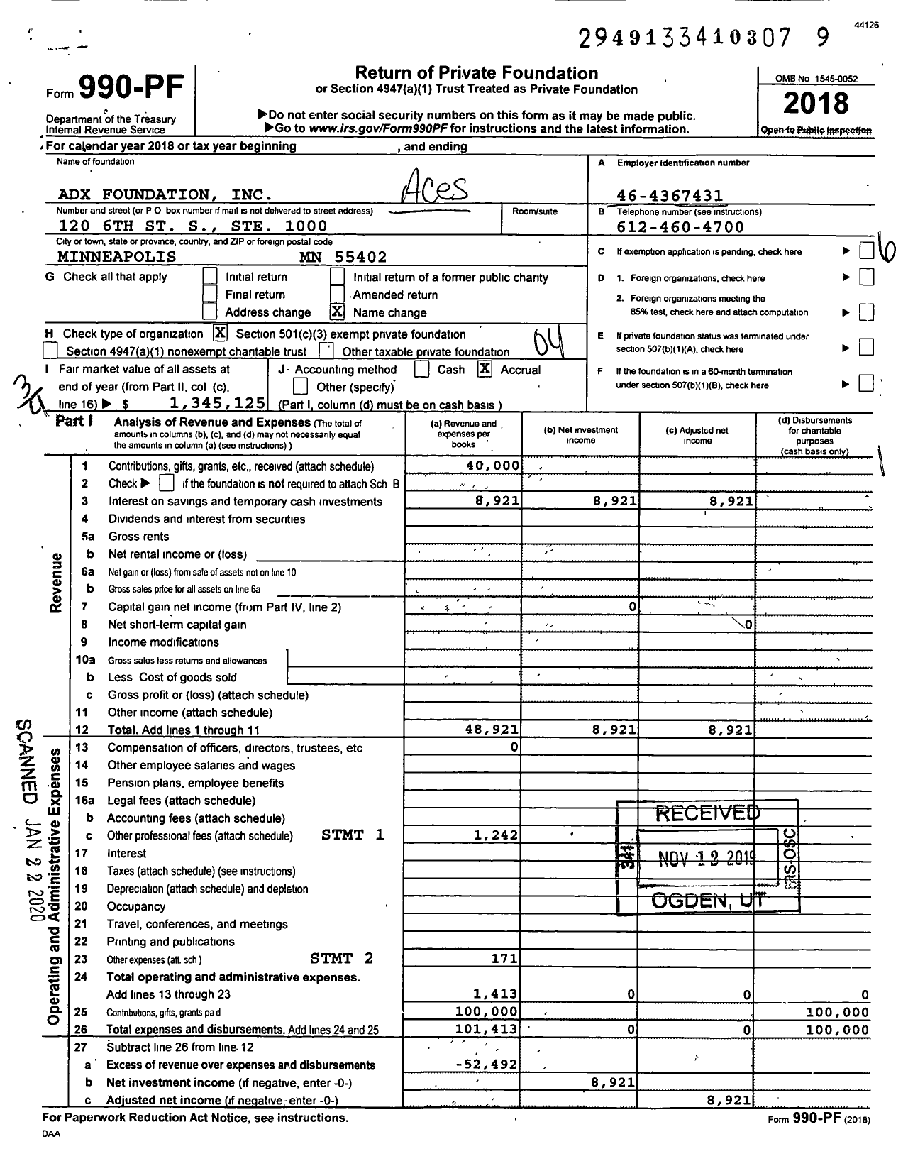Image of first page of 2018 Form 990PF for Adx Foundation
