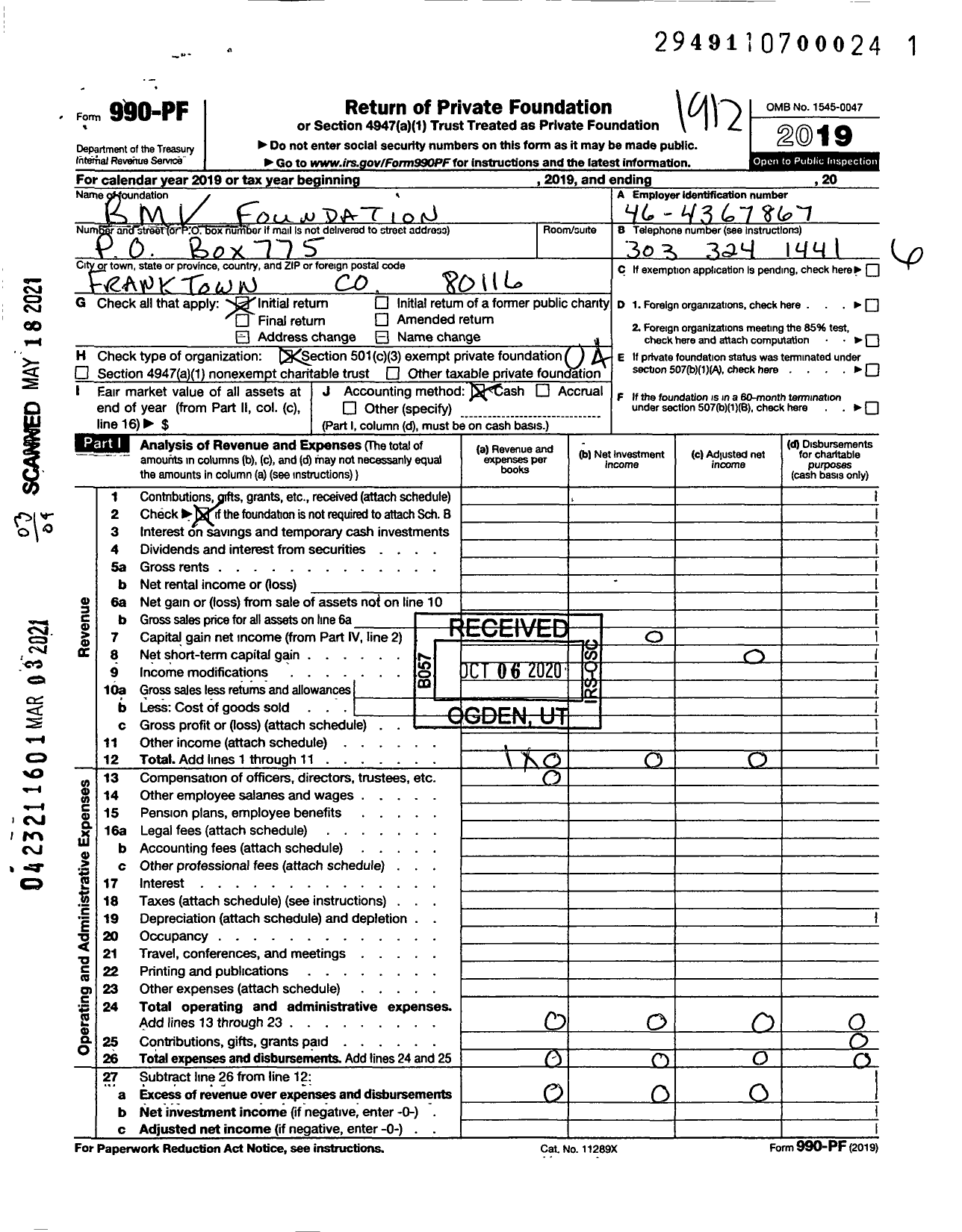 Image of first page of 2019 Form 990PF for BMV Foundation