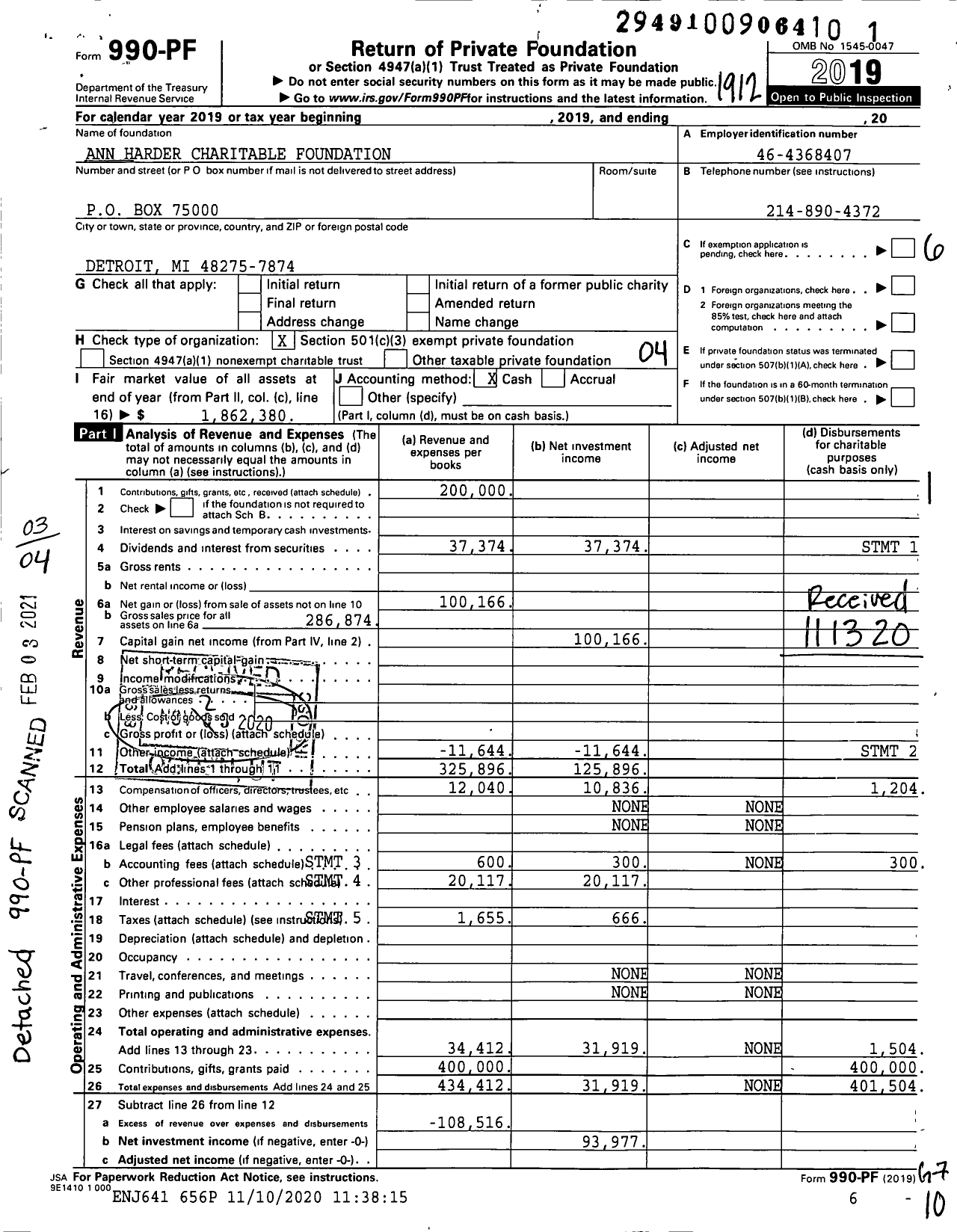 Image of first page of 2019 Form 990PF for Ann Harder Charitable Foundation